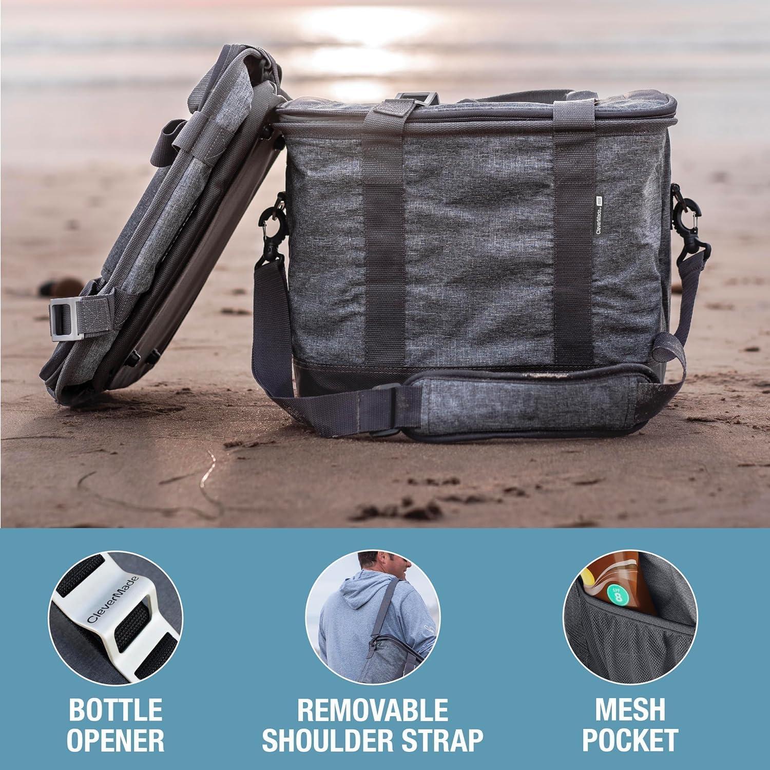 imageCleverMade Collapsible Insulated Cooler Bag  Leakproof Soft Folding Cooler for Beach Travel CarShadow Gray  Tahoe Cooler  30 Can