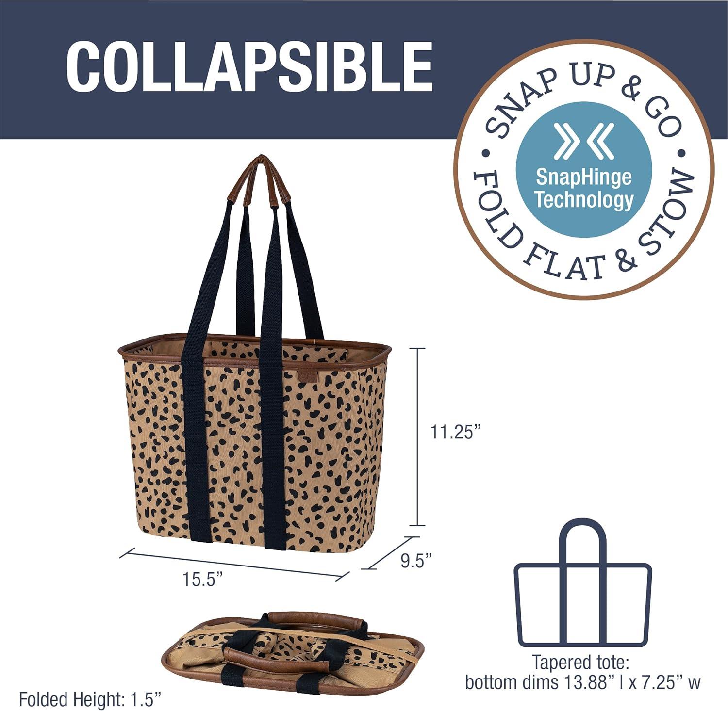 imageCleverMade Collapsible LUXE Tote Cheetah 1 Pack 30L 8 Gal Reusable Utility Grocery Shopping Storage Bag Organizer w Handles Reinforced Bottom