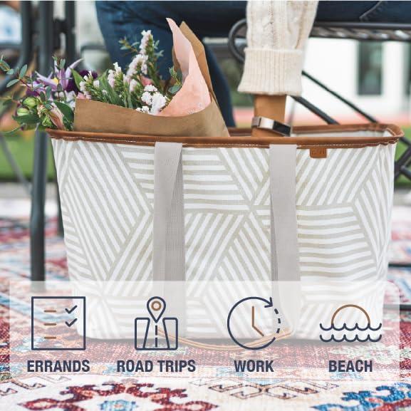 imageCleverMade Collapsible LUXE Tote Cream Latte 1Pack 30L 8Gal Reusable Utility Grocery Shopping Storage Bag Organizer w Handles Reinforced Bottom