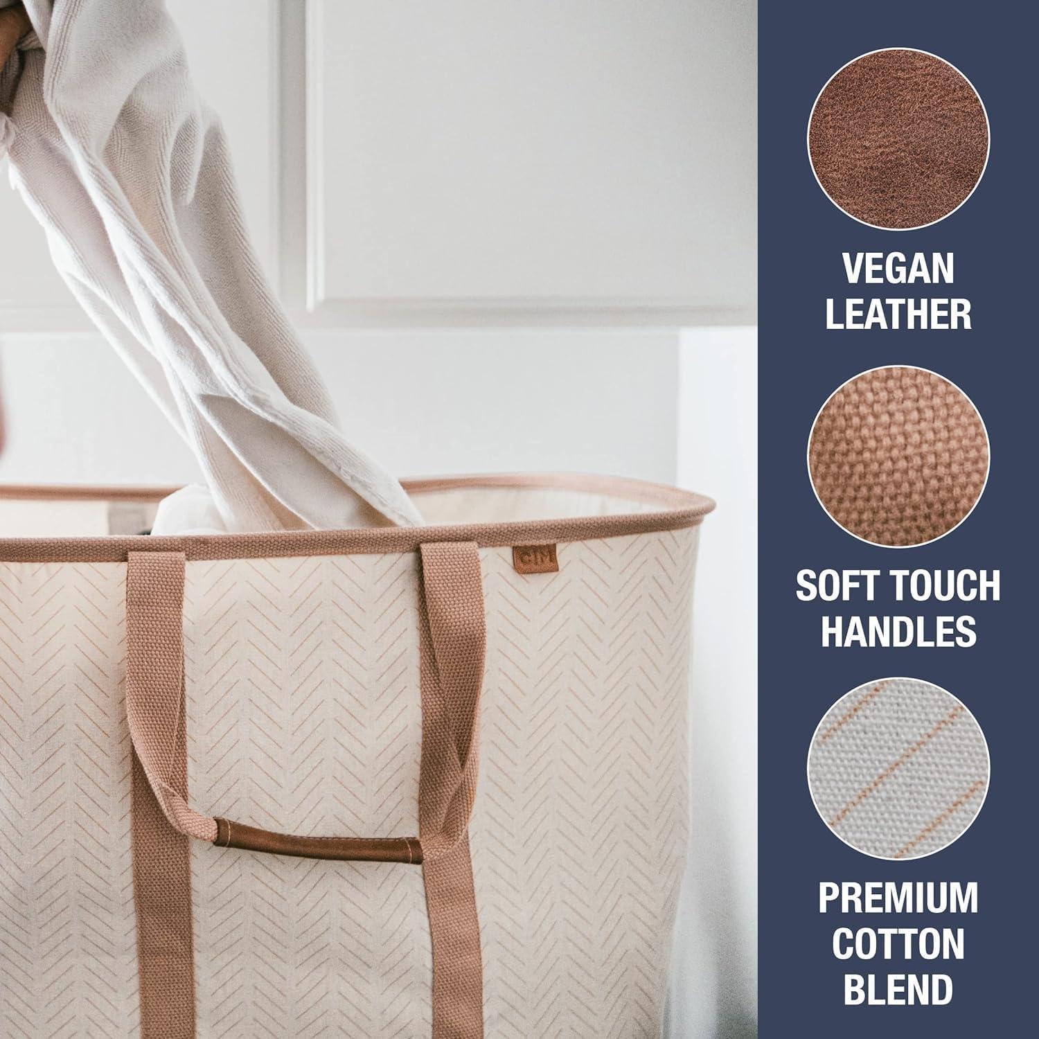 imageCleverMade Collapsible Laundry Caddy LUXE Cream Herringbone 2Pack 64L Foldable Storage Organization Container Clothes Laundry Room Storage SolutionBiege LUXE  Pack of 2