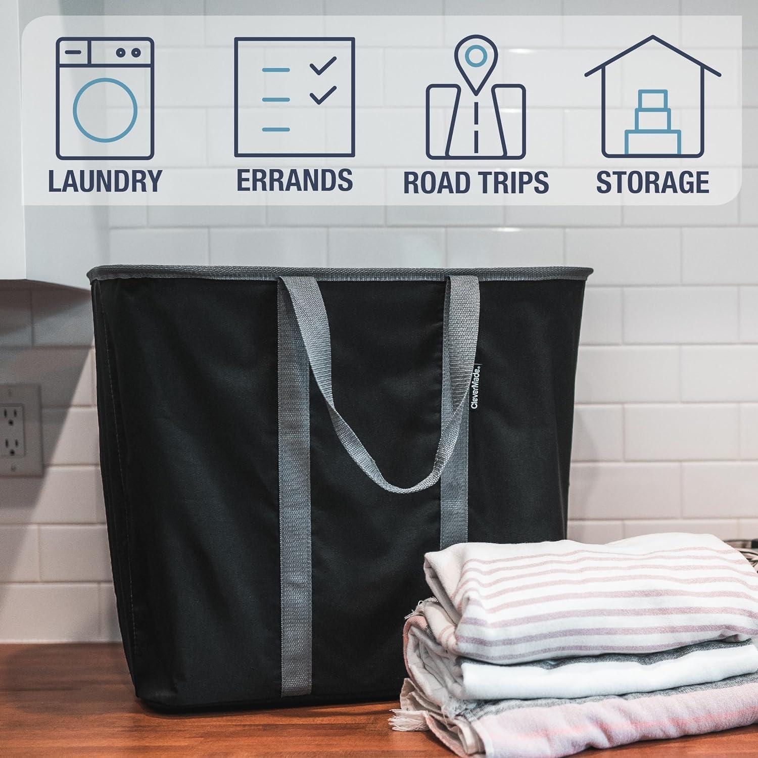 imageCleverMade Collapsible Laundry Caddy LUXE Cream Herringbone 2Pack 64L Foldable Storage Organization Container Clothes Laundry Room Storage SolutionBlackGray  Pack of 2