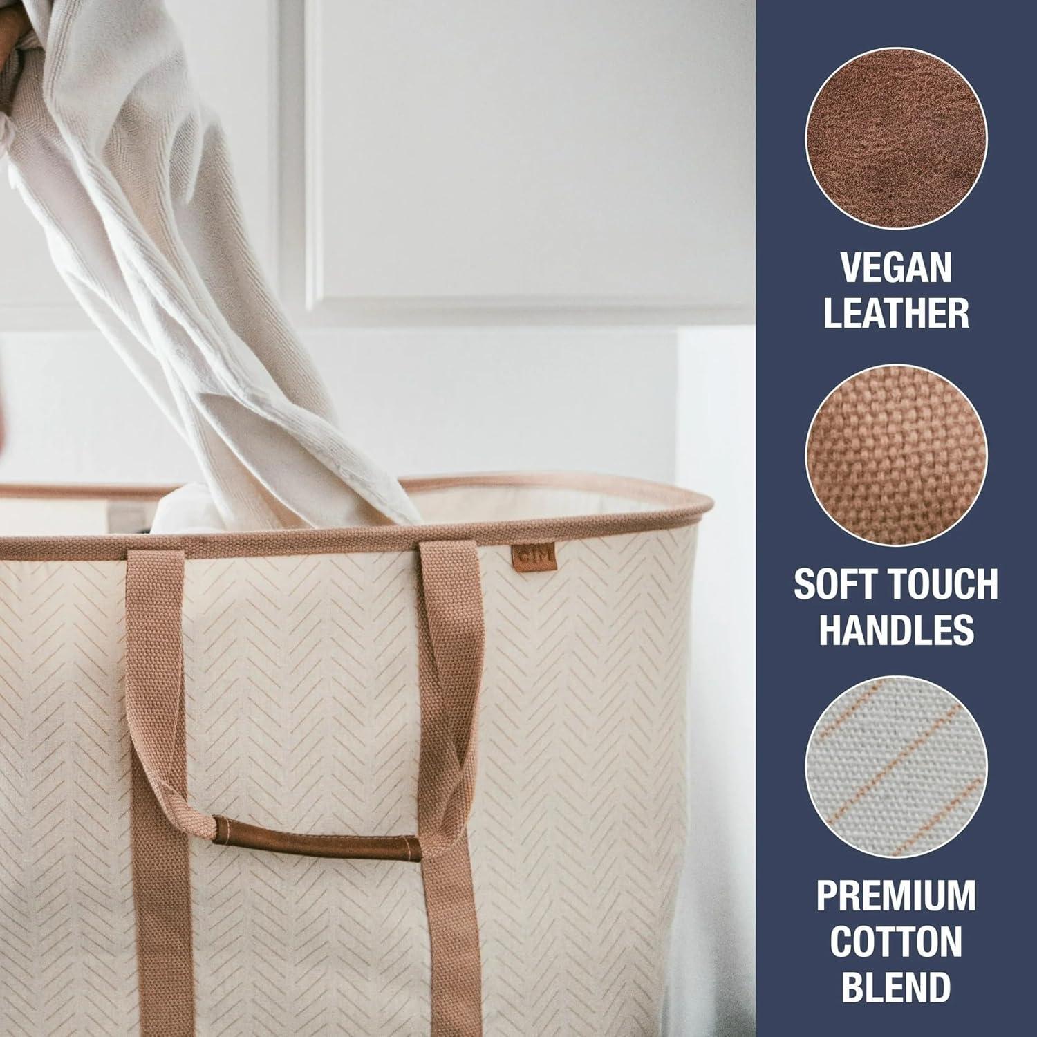 imageCleverMade Collapsible Laundry Caddy LUXE Cream Herringbone 2Pack 64L Foldable Storage Organization Container Clothes Laundry Room Storage SolutionBrown LUXE  Pack of 2
