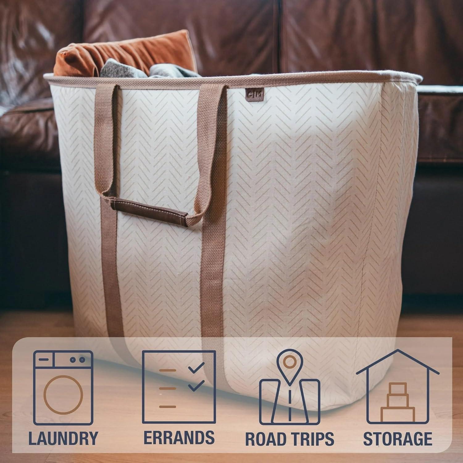 imageCleverMade Collapsible Laundry Caddy LUXE Cream Herringbone 2Pack 64L Foldable Storage Organization Container Clothes Laundry Room Storage SolutionDark Blue LUXE  Pack of 2