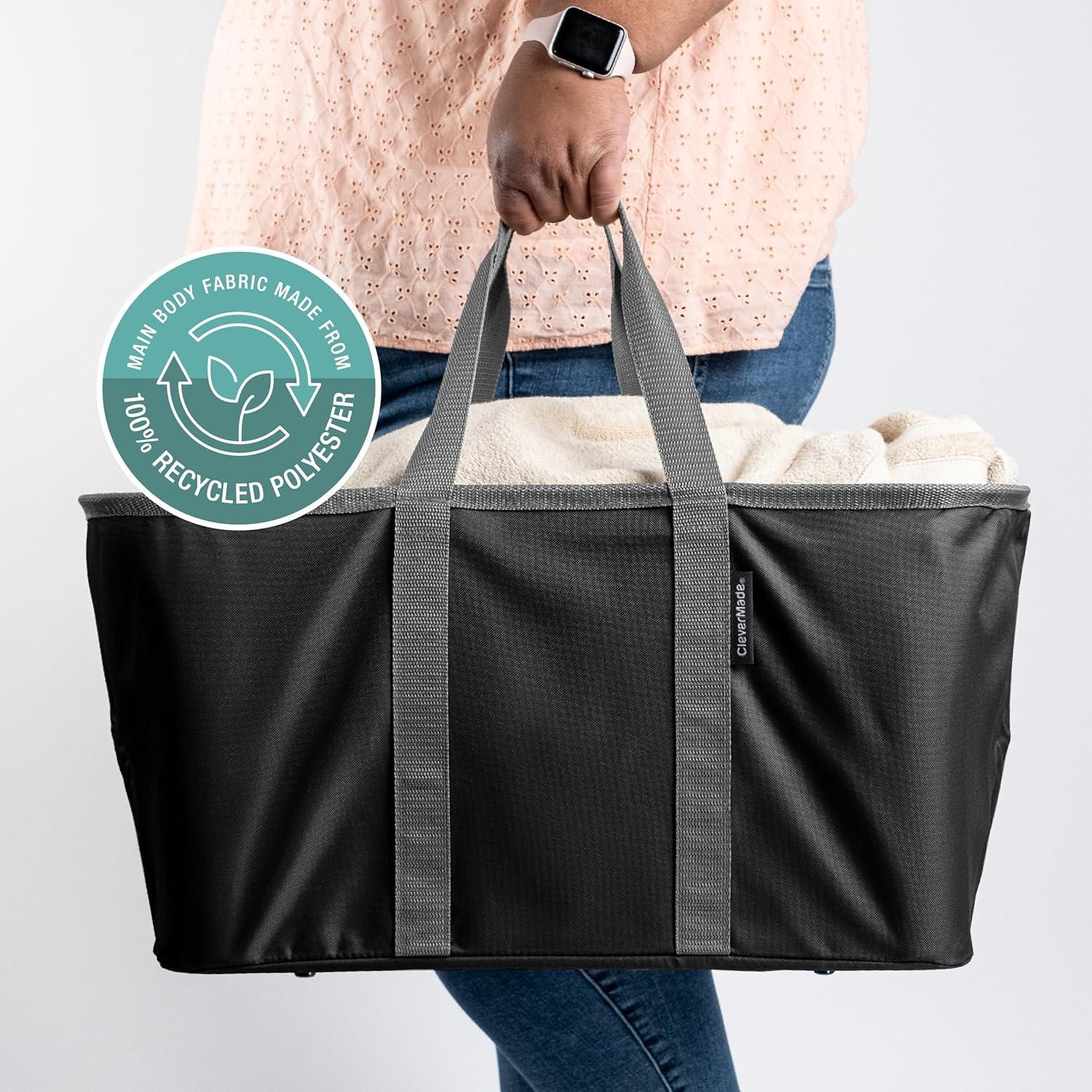 imageCleverMade Collapsible Laundry Tote  Denim Charcoal 2Pack 50L  Foldable Storage Organization Container for Clothes Laundry Room Storage SolutionBlackGray  Pack of 2