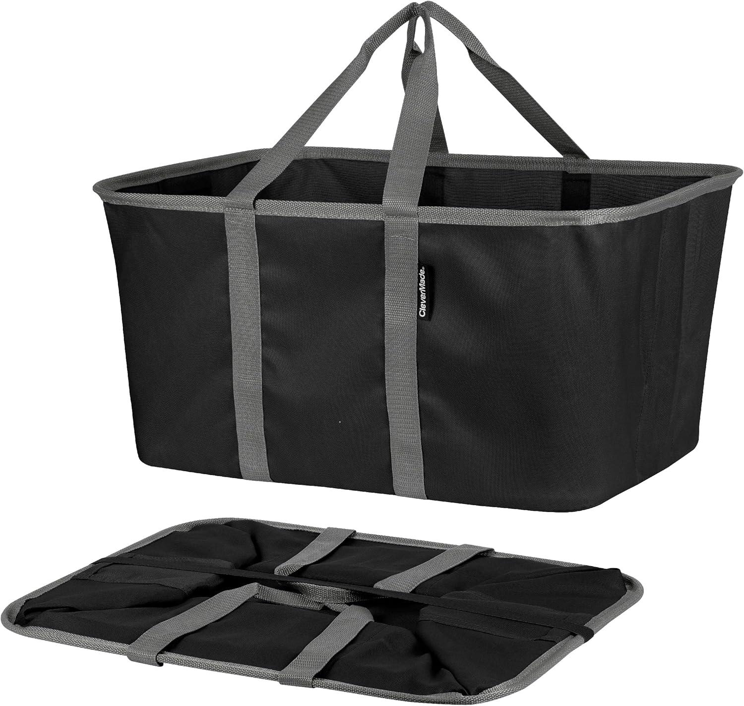 imageCleverMade Collapsible Laundry Tote  Denim Charcoal 2Pack 50L  Foldable Storage Organization Container for Clothes Laundry Room Storage SolutionBlackGray  Pack of 2