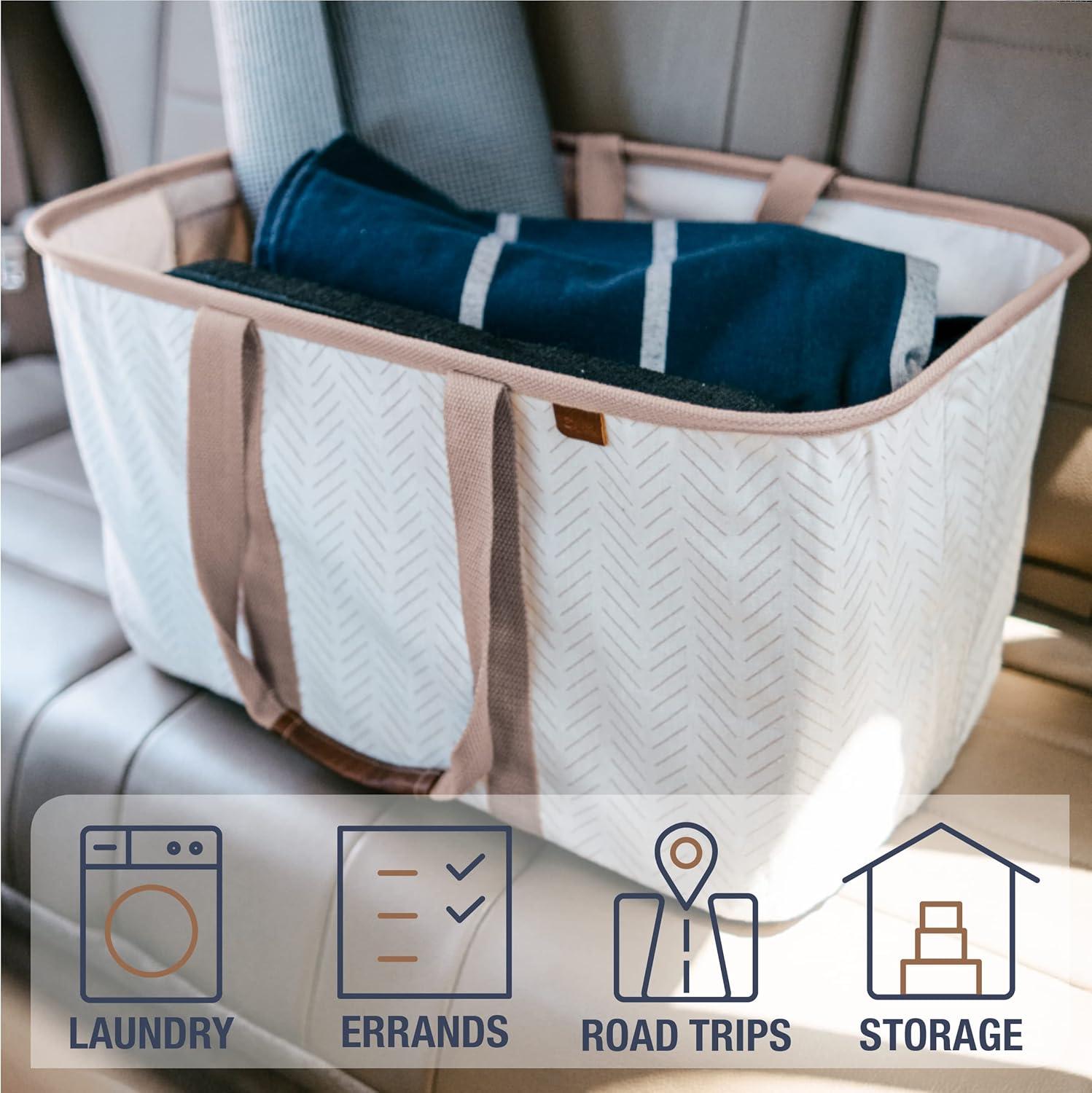 imageCleverMade Collapsible Laundry Tote  Denim Charcoal 2Pack 50L  Foldable Storage Organization Container for Clothes Laundry Room Storage SolutionBrown LUXE  Pack of 2