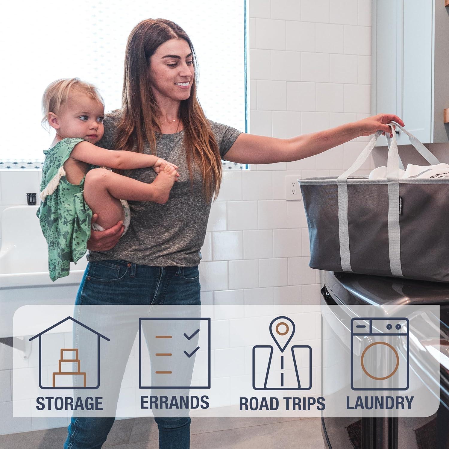 imageCleverMade Collapsible Laundry Tote  Denim Charcoal 2Pack 50L  Foldable Storage Organization Container for Clothes Laundry Room Storage SolutionGray  Pack of 2