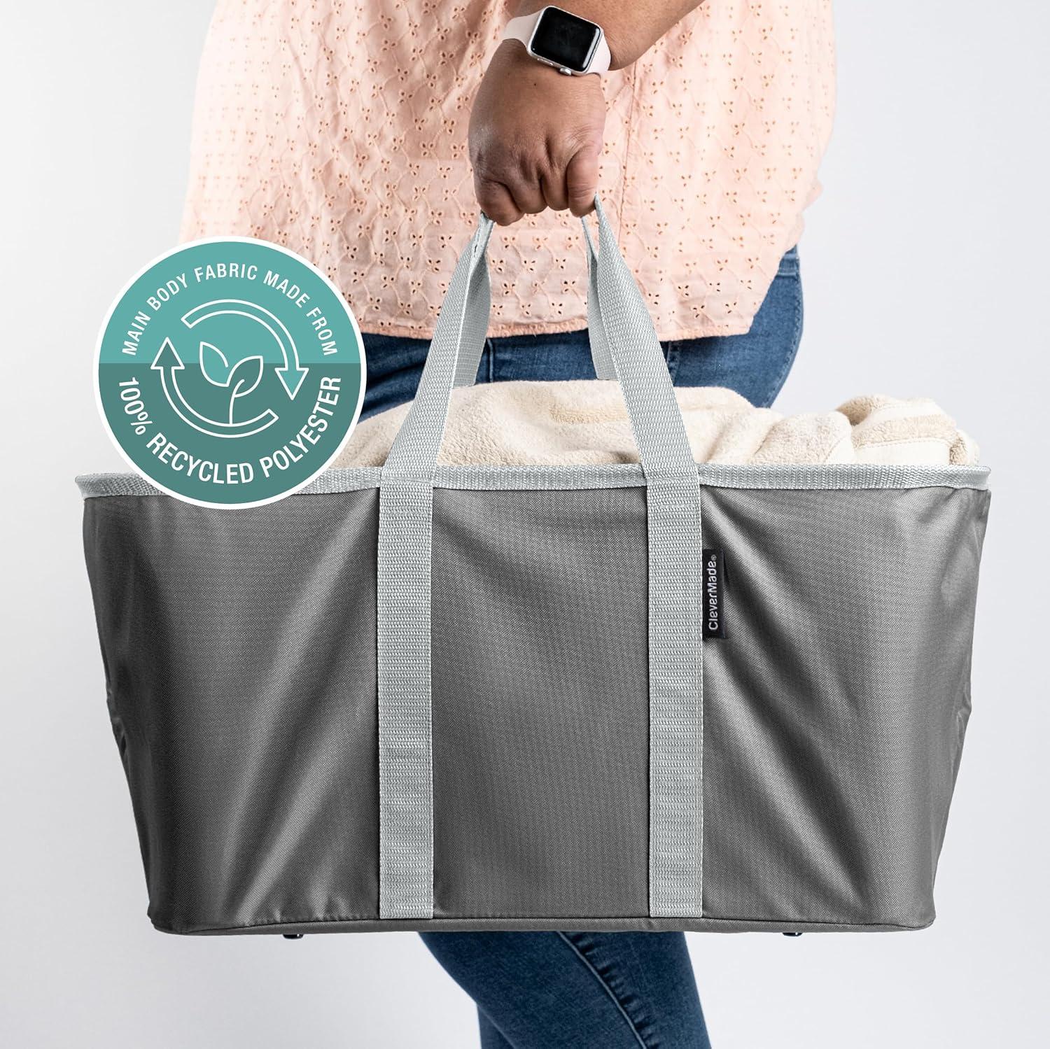 imageCleverMade Collapsible Laundry Tote  Denim Charcoal 2Pack 50L  Foldable Storage Organization Container for Clothes Laundry Room Storage SolutionGray  Pack of 2