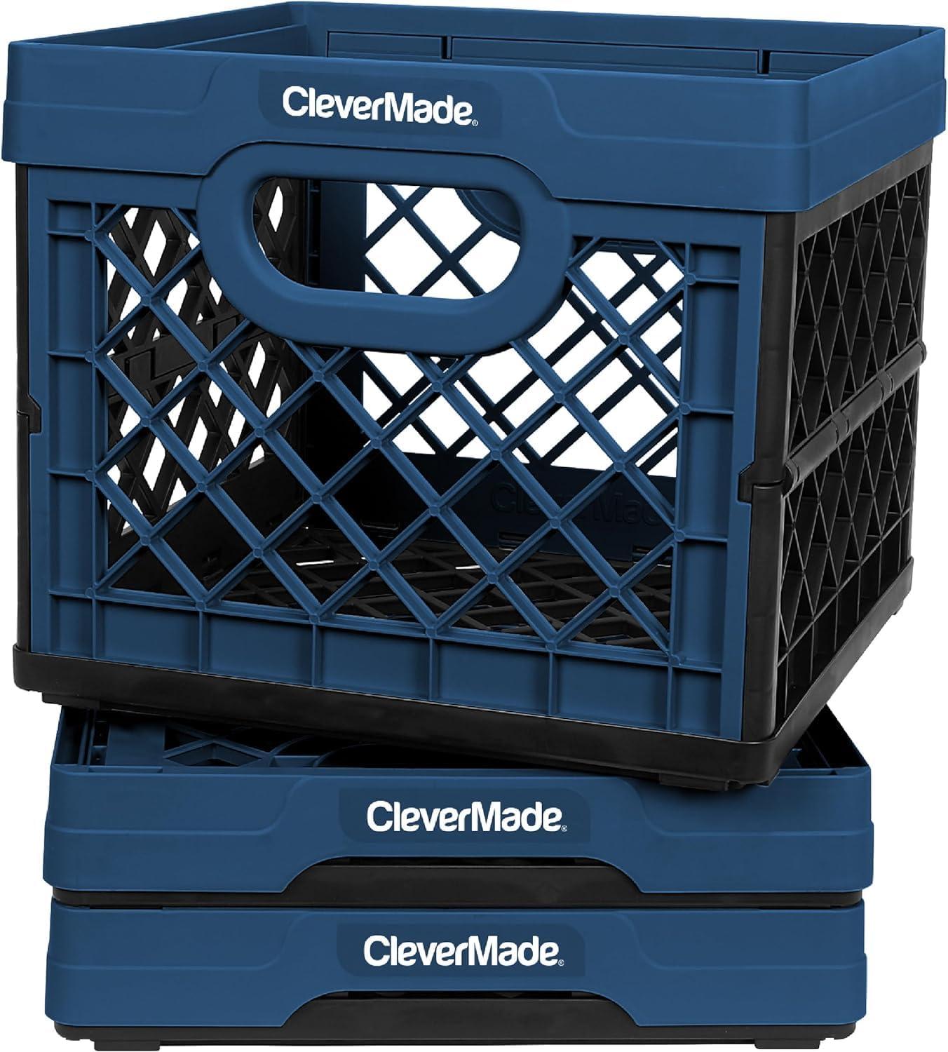 imageCleverMade Collapsible Milk Crate Obsidian 1PK  25L 6 Gal Stackable Storage Bins Holds 50lbs Per Bin  Clevercrates are Heavy Duty Plastic Collapsible Storage Crate for Multi PurposesBlue  Pack of 3