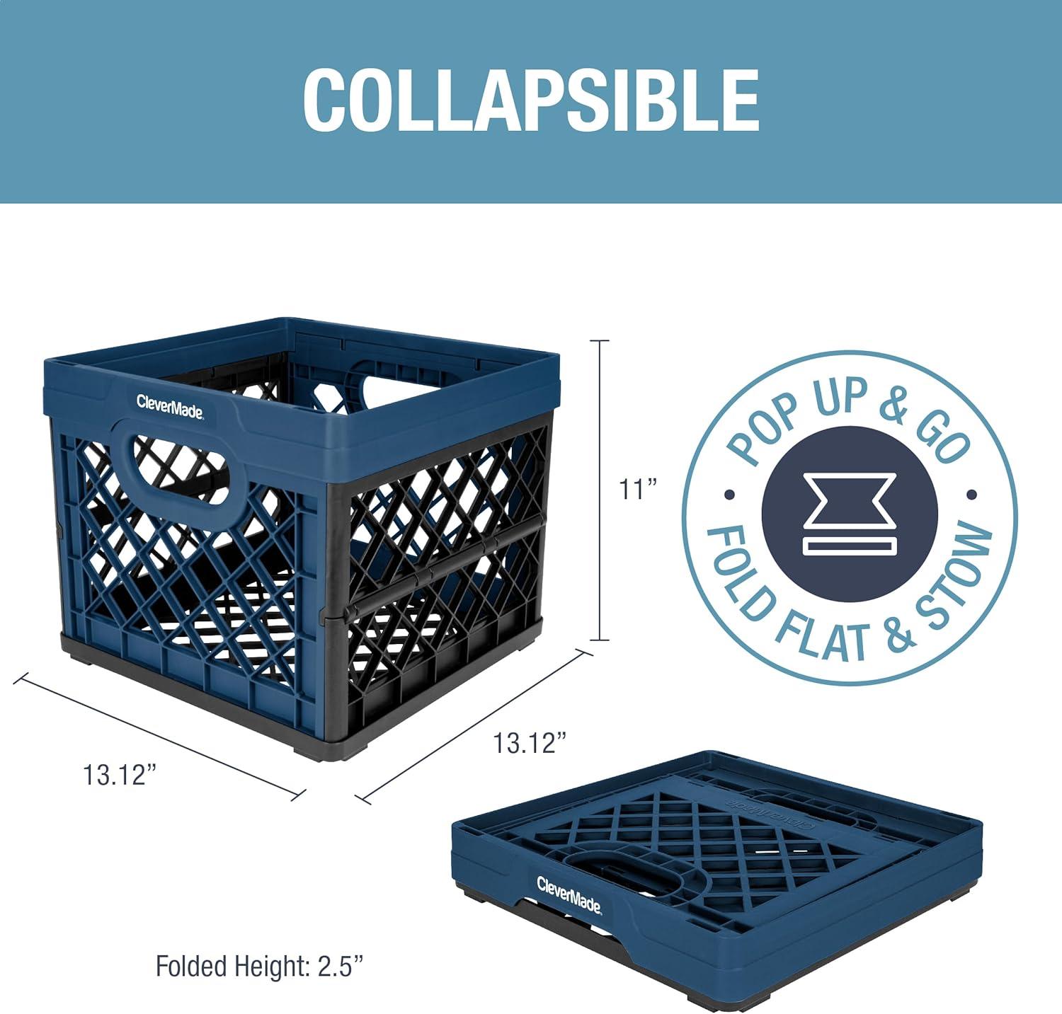 imageCleverMade Collapsible Milk Crate Obsidian 1PK  25L 6 Gal Stackable Storage Bins Holds 50lbs Per Bin  Clevercrates are Heavy Duty Plastic Collapsible Storage Crate for Multi PurposesBlue  Pack of 3