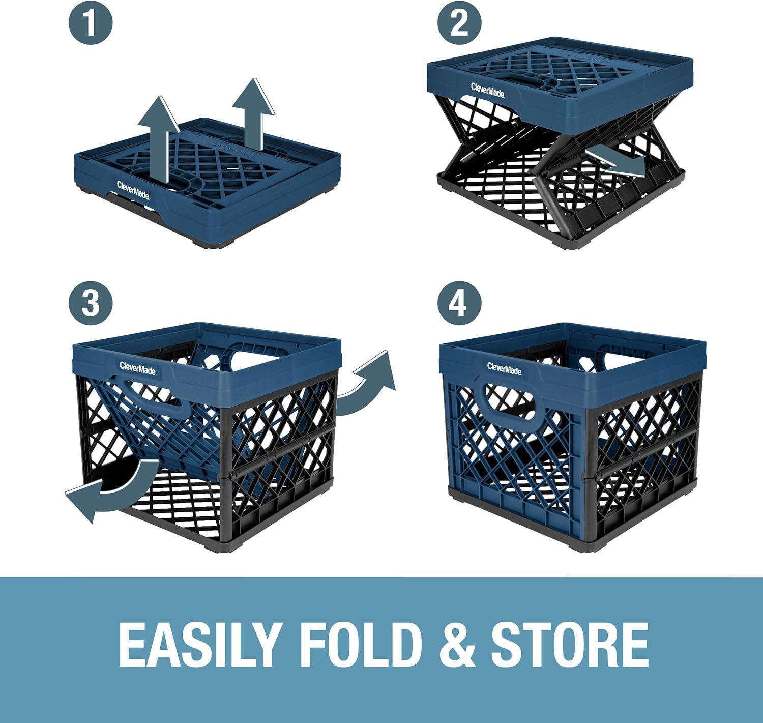 imageCleverMade Collapsible Milk Crate Obsidian 1PK  25L 6 Gal Stackable Storage Bins Holds 50lbs Per Bin  Clevercrates are Heavy Duty Plastic Collapsible Storage Crate for Multi PurposesBlue  Pack of 3