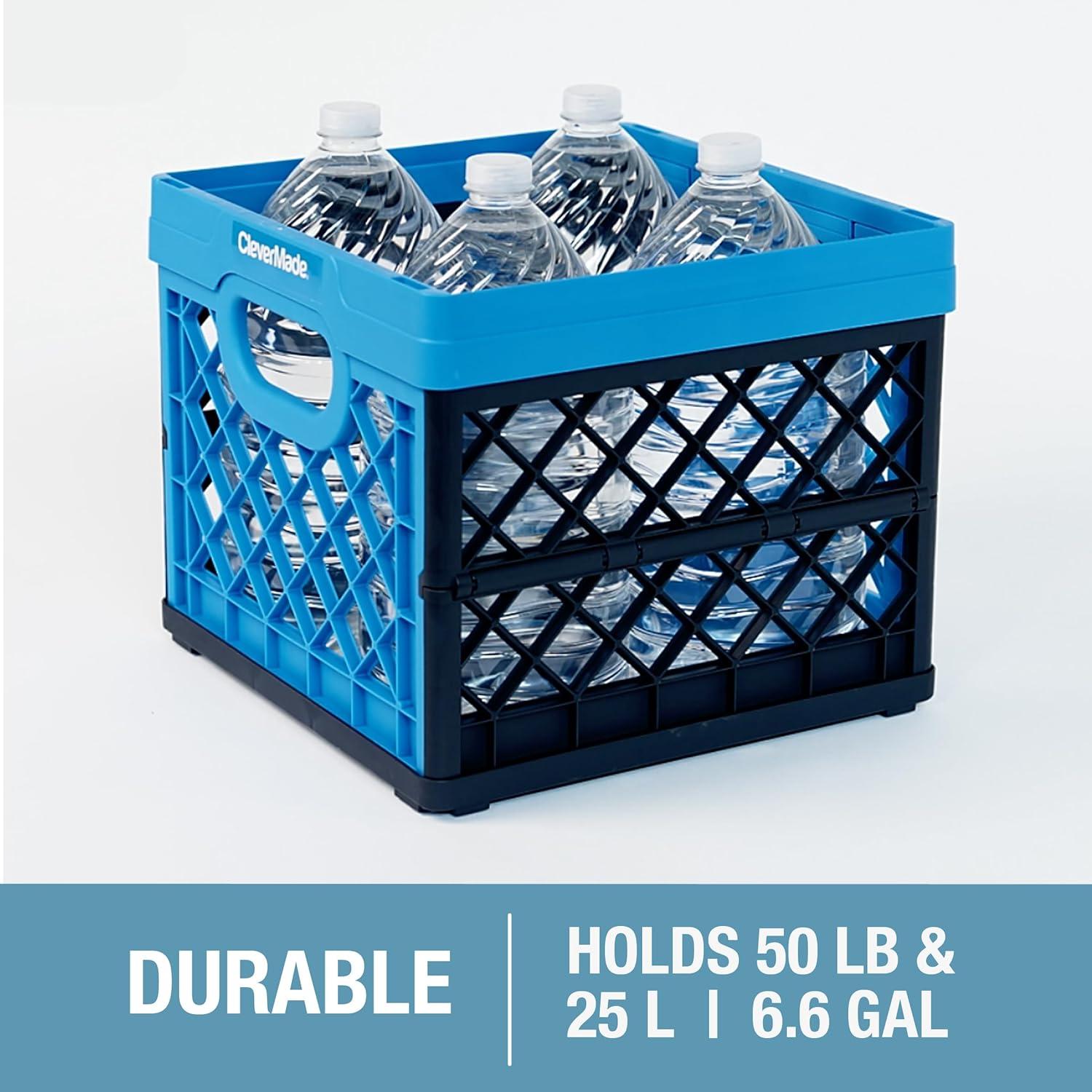 imageCleverMade Collapsible Milk Crate Obsidian 1PK  25L 6 Gal Stackable Storage Bins Holds 50lbs Per Bin  Clevercrates are Heavy Duty Plastic Collapsible Storage Crate for Multi PurposesNeptune Blue  Pack of 3