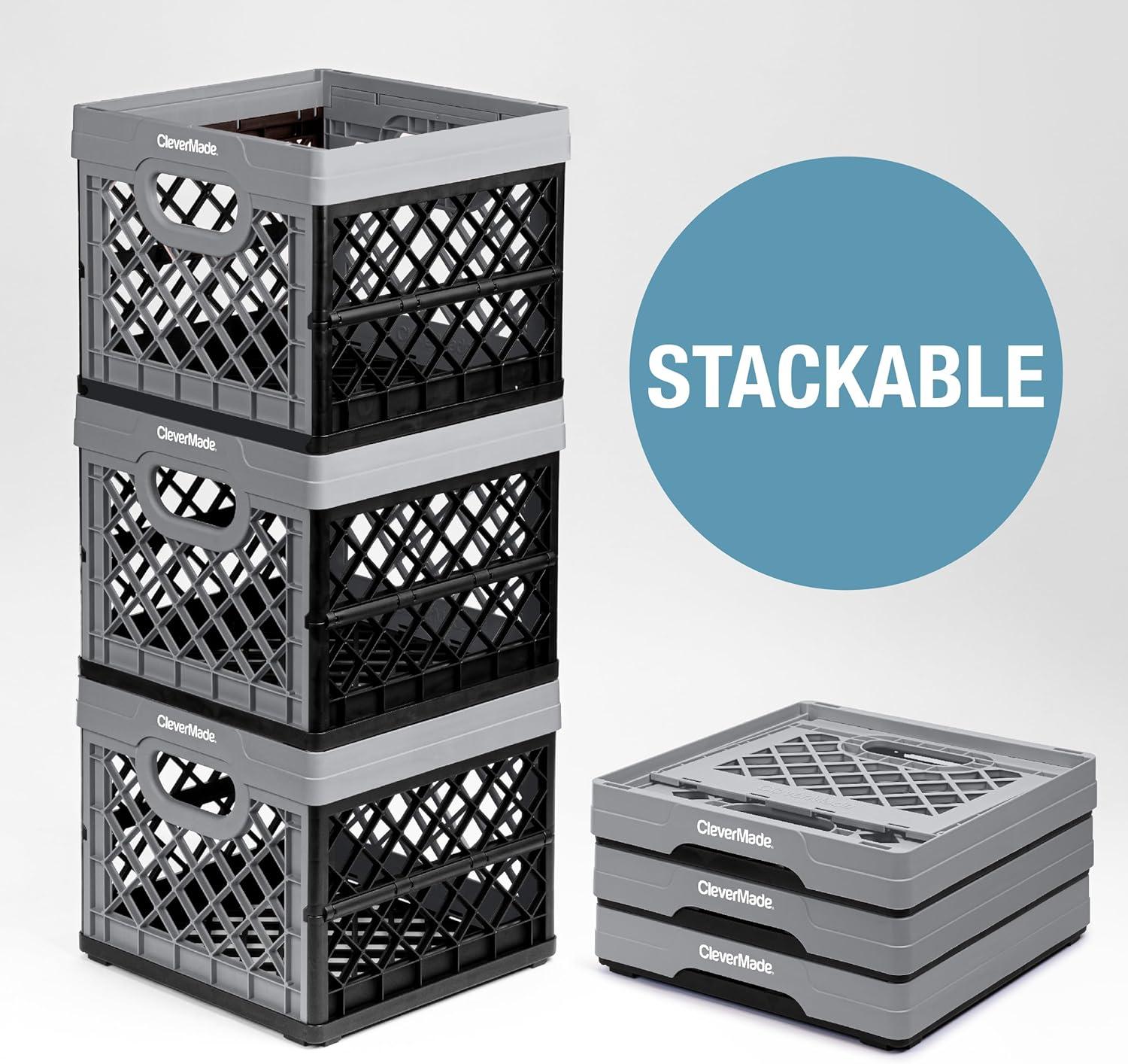 imageCleverMade Collapsible Milk Crate Obsidian 1PK  25L 6 Gal Stackable Storage Bins Holds 50lbs Per Bin  Clevercrates are Heavy Duty Plastic Collapsible Storage Crate for Multi PurposesNeptune Blue  Pack of 3