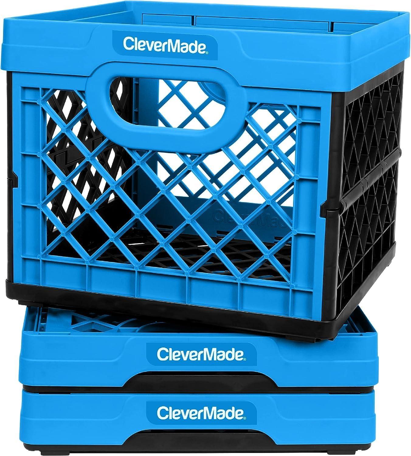 imageCleverMade Collapsible Milk Crate Obsidian 1PK  25L 6 Gal Stackable Storage Bins Holds 50lbs Per Bin  Clevercrates are Heavy Duty Plastic Collapsible Storage Crate for Multi PurposesNeptune Blue  Pack of 3