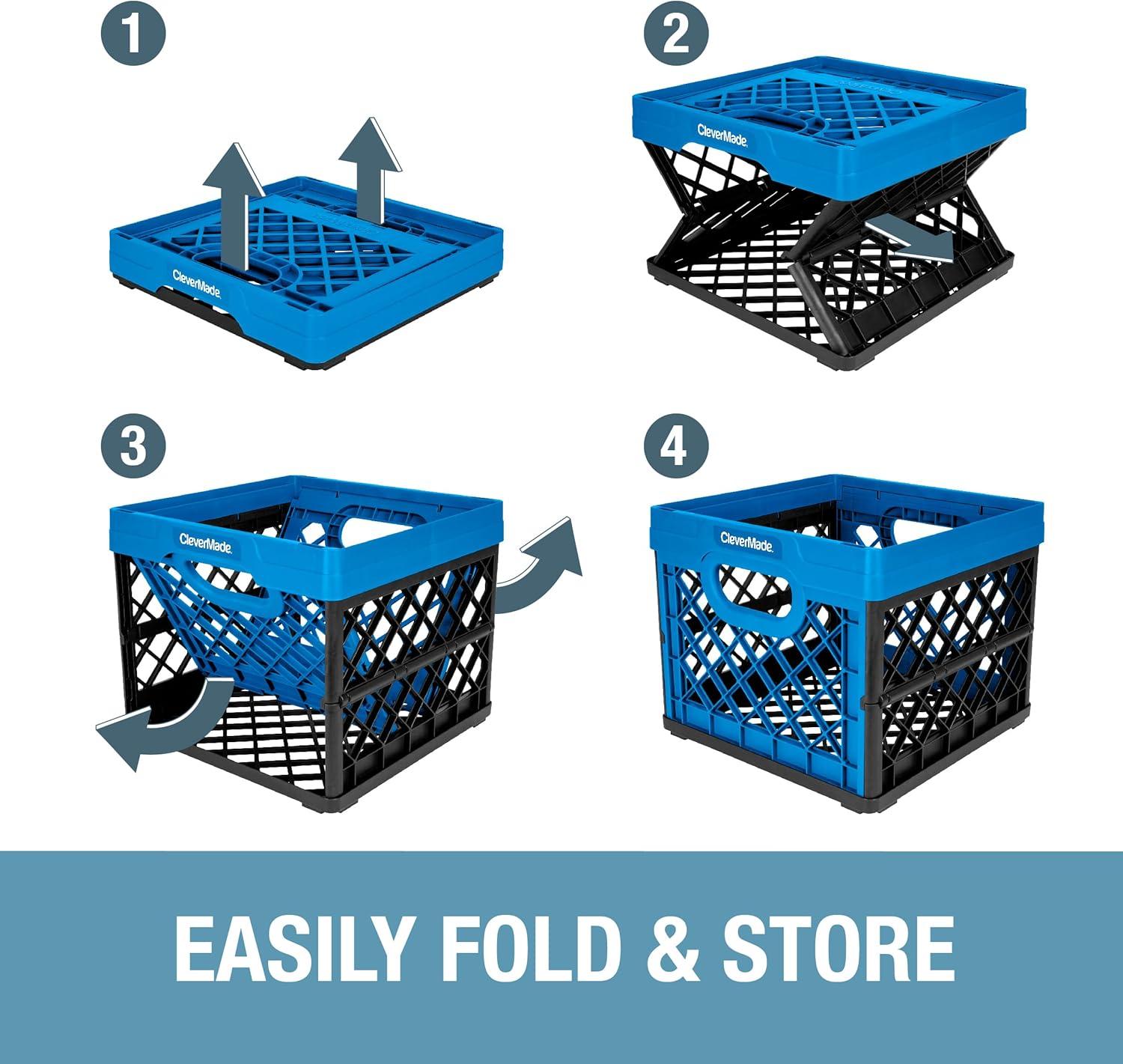 imageCleverMade Collapsible Milk Crate Obsidian 1PK  25L 6 Gal Stackable Storage Bins Holds 50lbs Per Bin  Clevercrates are Heavy Duty Plastic Collapsible Storage Crate for Multi PurposesNeptune Blue  Pack of 3