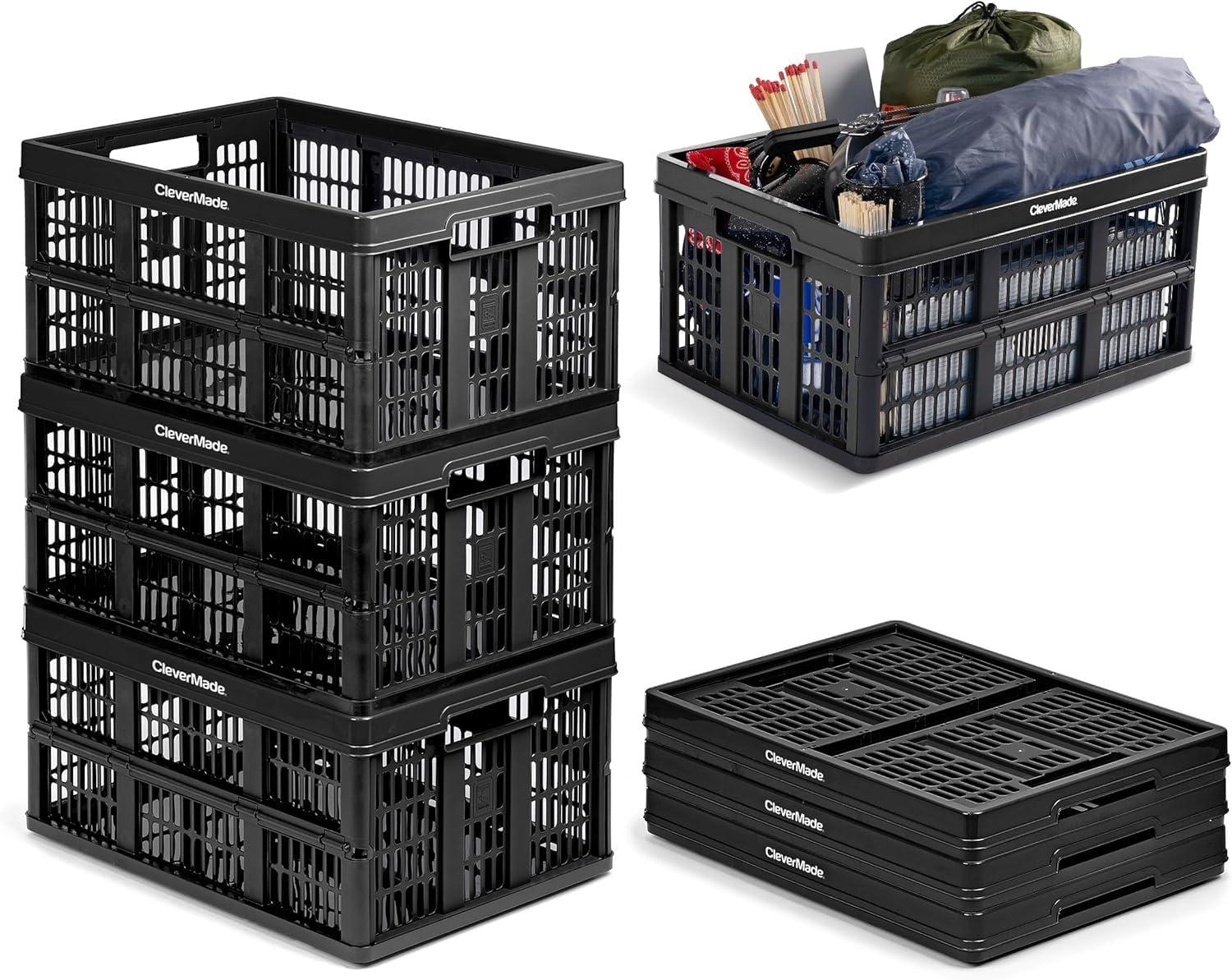 imageCleverMade Collapsible Shopping Basket Obsidian 3PK  24L 6 Gal Reusable Plastic Grocery Shopping Baskets Holds 25lbs Per Basket  Small Foldable Storage Crates with HandlesBlack 45L  Utility Crate  Pack of 1