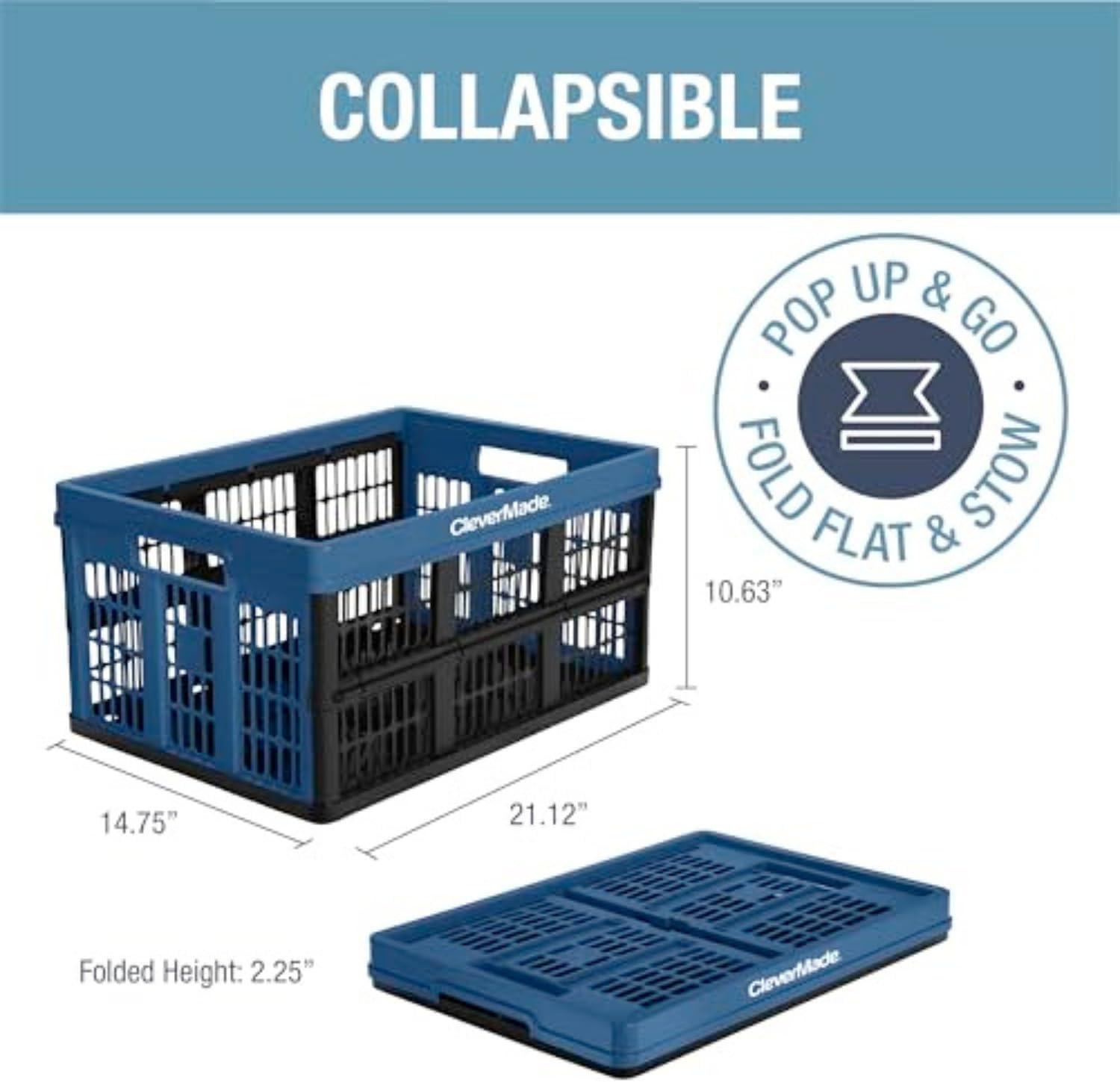 imageCleverMade Collapsible Shopping Basket Obsidian 3PK  24L 6 Gal Reusable Plastic Grocery Shopping Baskets Holds 25lbs Per Basket  Small Foldable Storage Crates with HandlesBlue  Utility Crate  Pack of 3