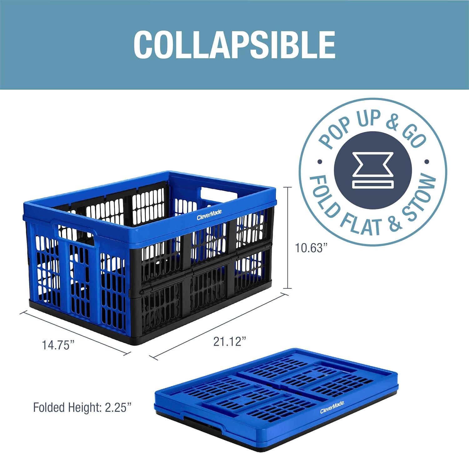 imageCleverMade Collapsible Shopping Basket Obsidian 3PK  24L 6 Gal Reusable Plastic Grocery Shopping Baskets Holds 25lbs Per Basket  Small Foldable Storage Crates with HandlesBlue