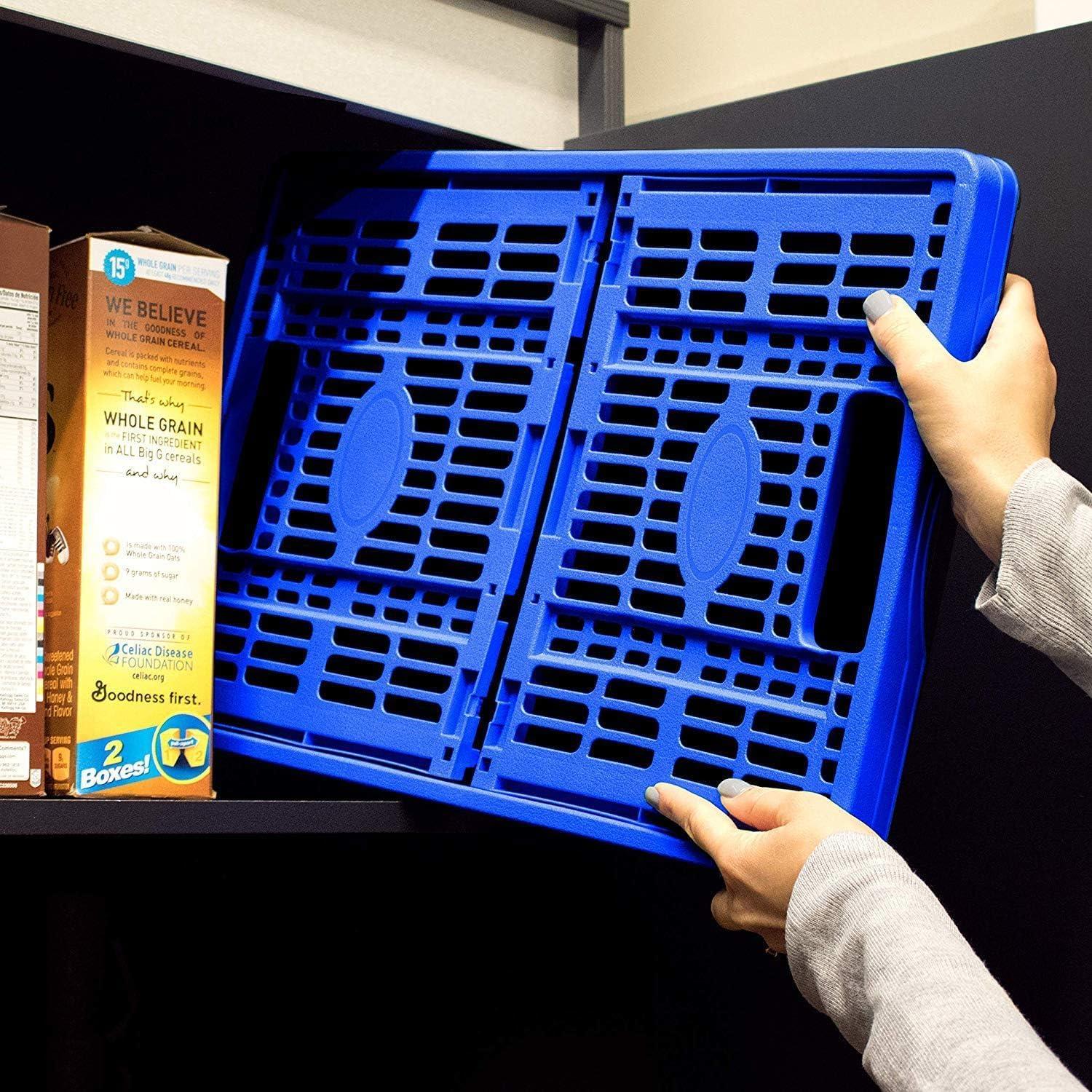 imageCleverMade Collapsible Shopping Basket Obsidian 3PK  24L 6 Gal Reusable Plastic Grocery Shopping Baskets Holds 25lbs Per Basket  Small Foldable Storage Crates with HandlesBlue