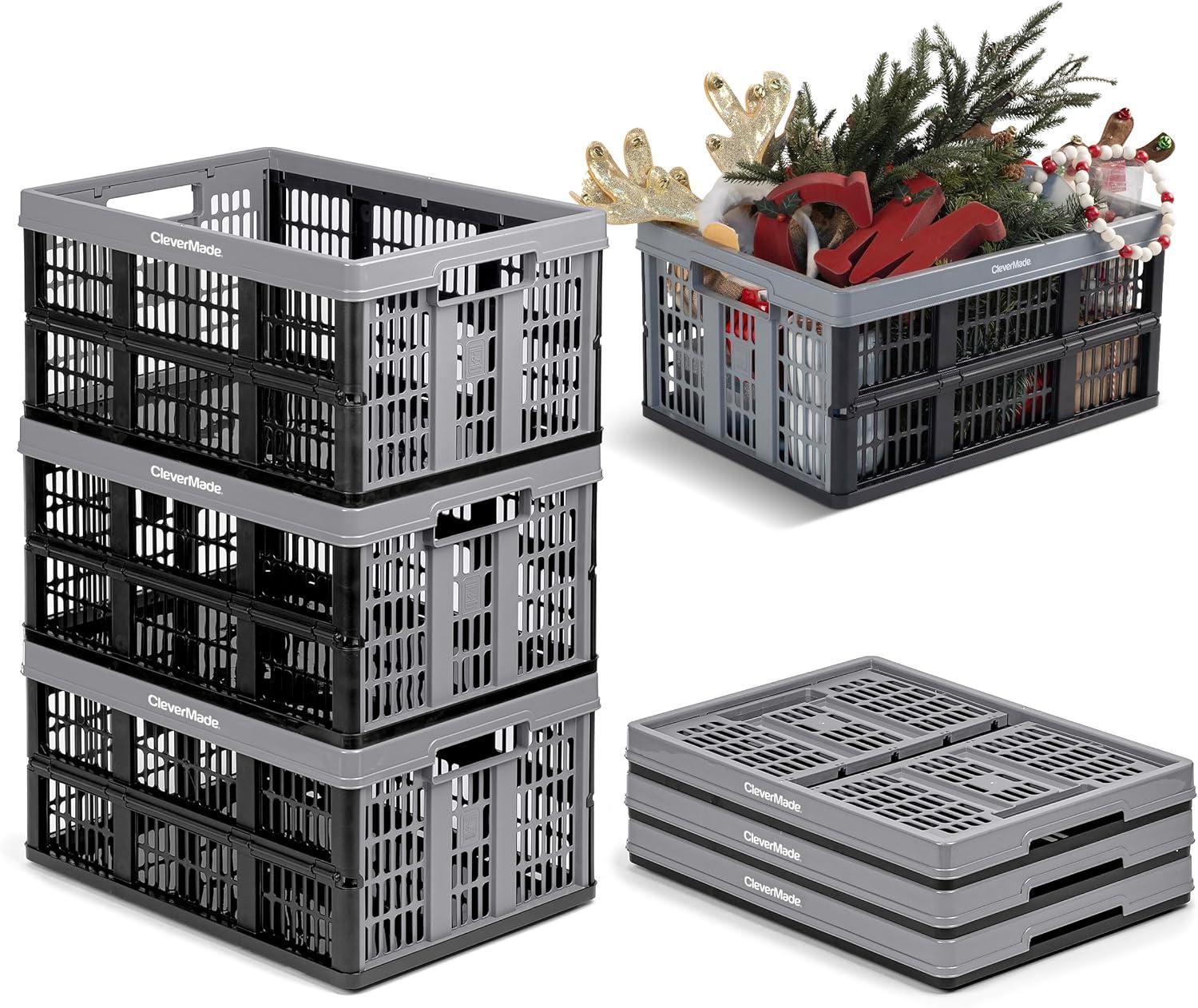 imageCleverMade Collapsible Shopping Basket Obsidian 3PK  24L 6 Gal Reusable Plastic Grocery Shopping Baskets Holds 25lbs Per Basket  Small Foldable Storage Crates with HandlesStone