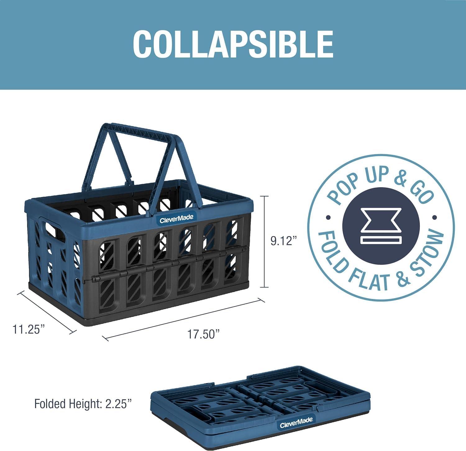 imageCleverMade Collapsible Shopping Basket Obsidian 3PK  24L 6 Gal Reusable Plastic Grocery Shopping Baskets Holds 25lbs Per Basket  Small Foldable Storage Crates with HandlesBlue  Shopping Basket  Pack of 3