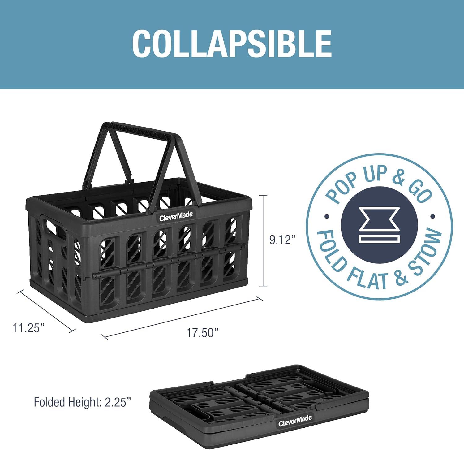 imageCleverMade Collapsible Shopping Basket Obsidian 3PK  24L 6 Gal Reusable Plastic Grocery Shopping Baskets Holds 25lbs Per Basket  Small Foldable Storage Crates with HandlesBlack  Shopping Basket  Pack of 3