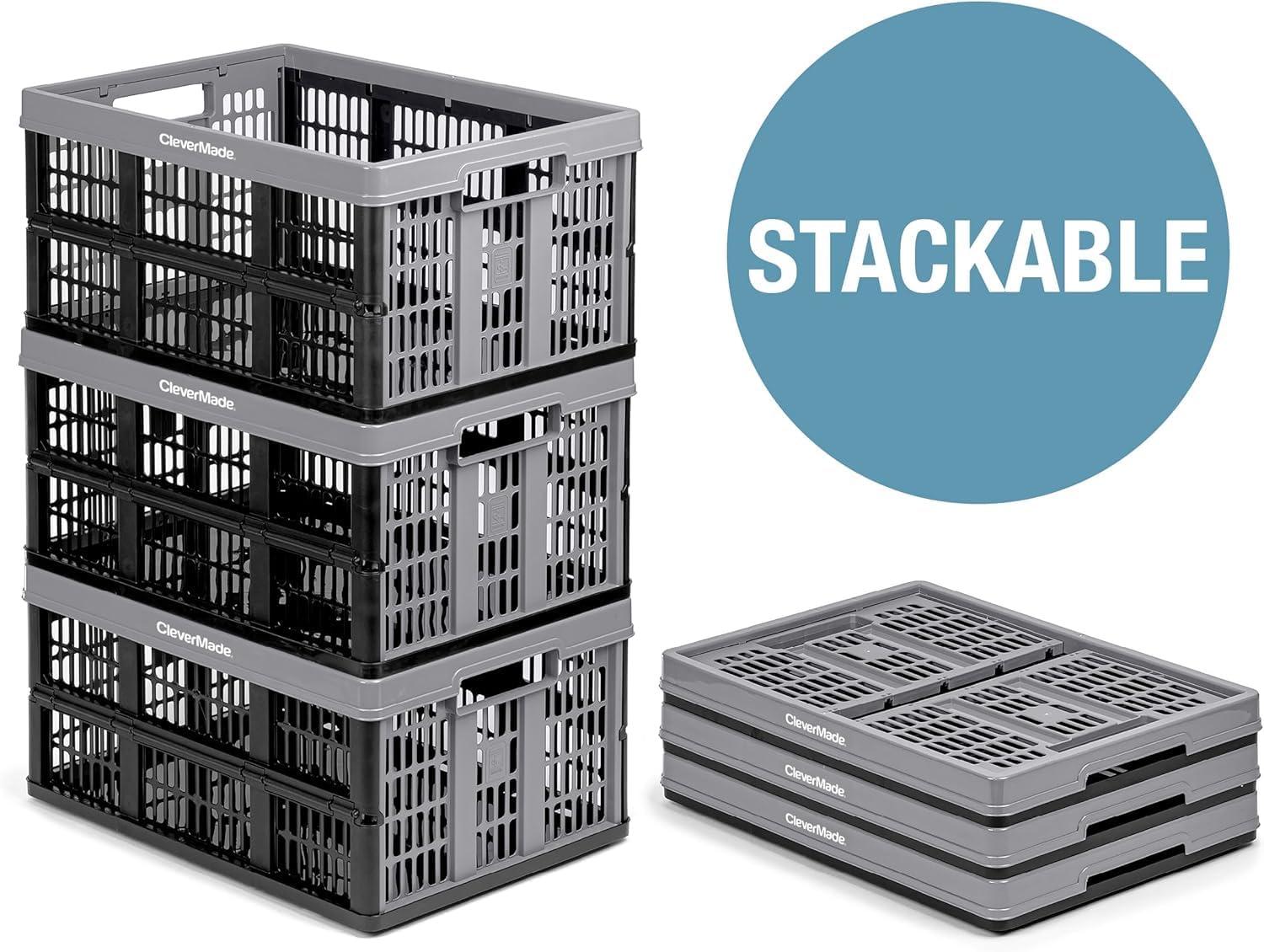 imageCleverMade Collapsible Shopping Basket Obsidian 3PK  24L 6 Gal Reusable Plastic Grocery Shopping Baskets Holds 25lbs Per Basket  Small Foldable Storage Crates with HandlesBlack 45L  Utility Crate  Pack of 1