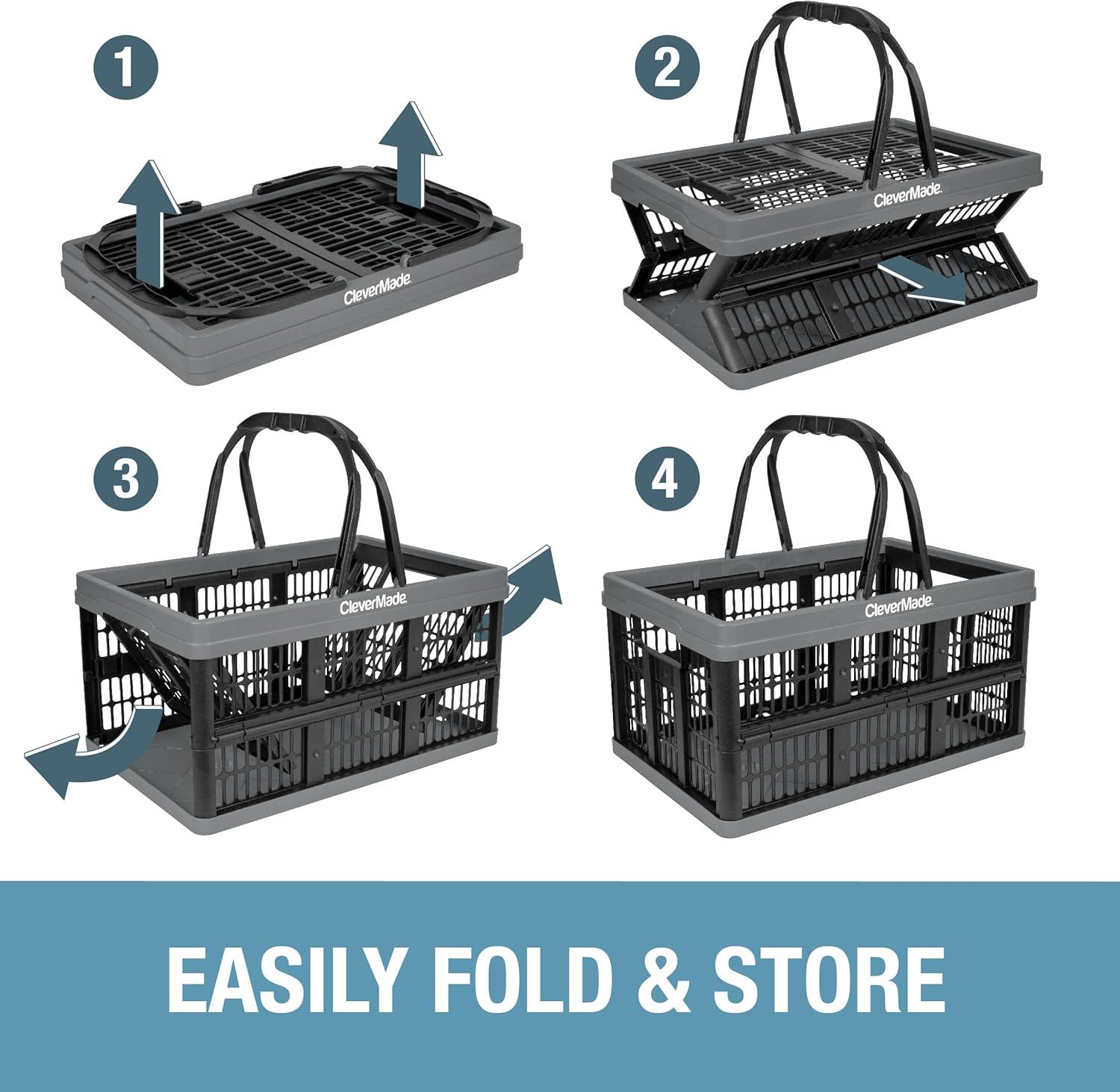 imageCleverMade Collapsible Shopping Basket Stone 3PK  16L 4 Gal Reusable Plastic Grocery Shopping Baskets Holds 22lbs Per Basket  Small Foldable Storage Crates with HandlesStone