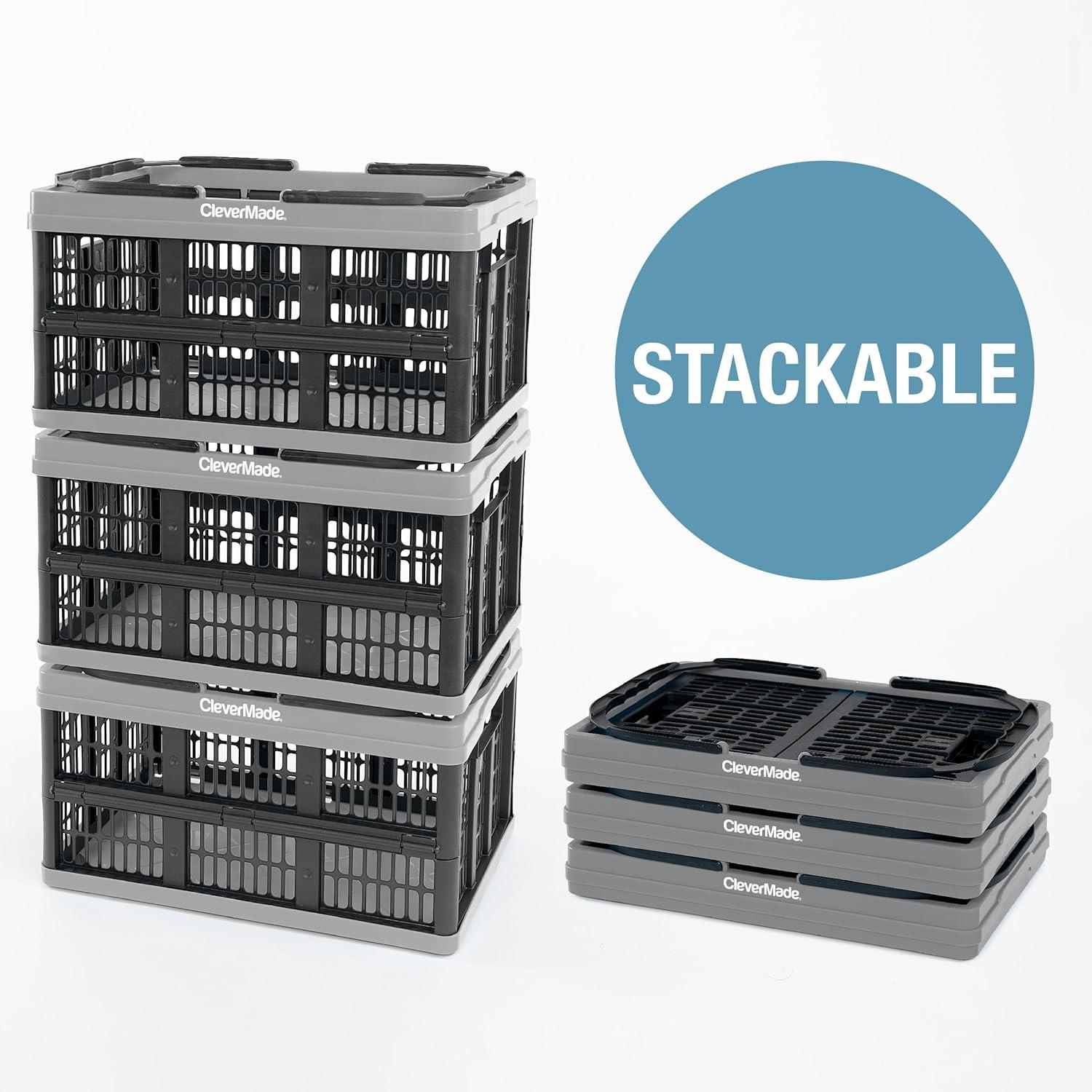 imageCleverMade Collapsible Shopping Basket Stone 3PK  16L 4 Gal Reusable Plastic Grocery Shopping Baskets Holds 22lbs Per Basket  Small Foldable Storage Crates with HandlesStone