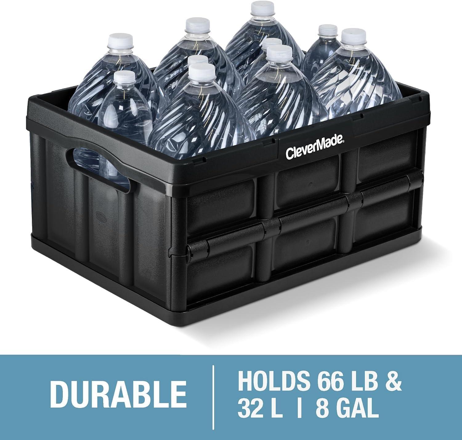 imageCleverMade Collapsible Storage Bins  Obsidian 3 Pack 32L  Stackable Containers Heavy Duty Capacity Folding Crates  SpaceSaving for HomeGlossy Black  32L  Pack of 3