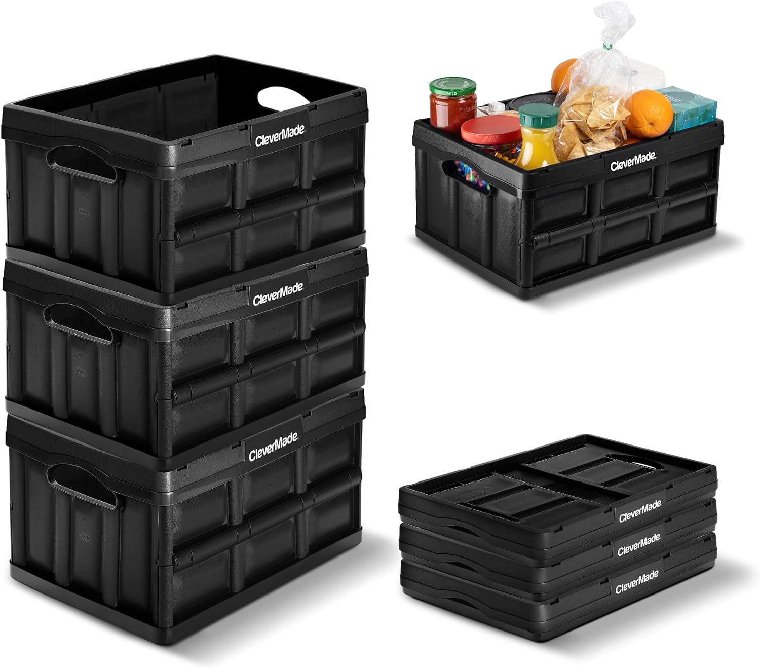 imageCleverMade Collapsible Storage Bins  Obsidian 3 Pack 32L  Stackable Containers Heavy Duty Capacity Folding Crates  SpaceSaving for HomeGlossy Black  32L  Pack of 3