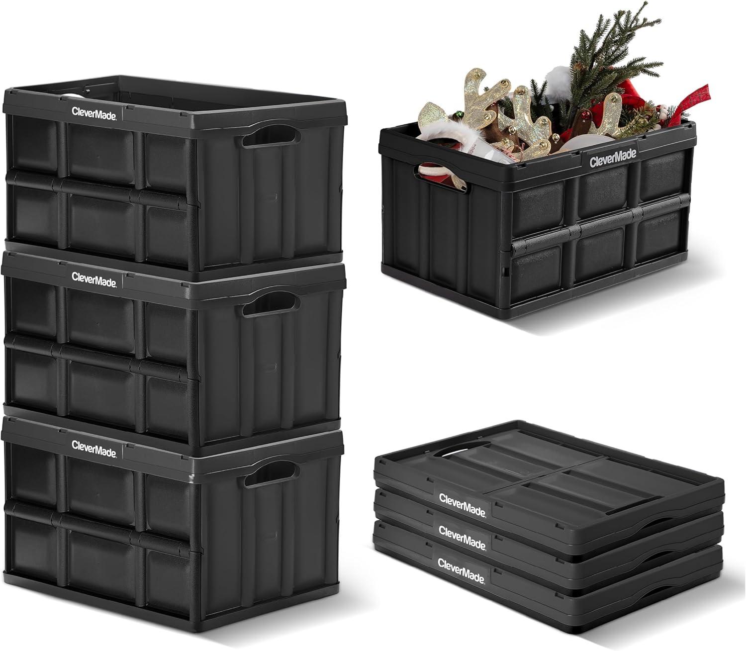 imageCleverMade Collapsible Storage Bins  Obsidian 3 Pack 32L  Stackable Containers Heavy Duty Capacity Folding Crates  SpaceSaving for HomeGlossy Black  46L  Pack of 3