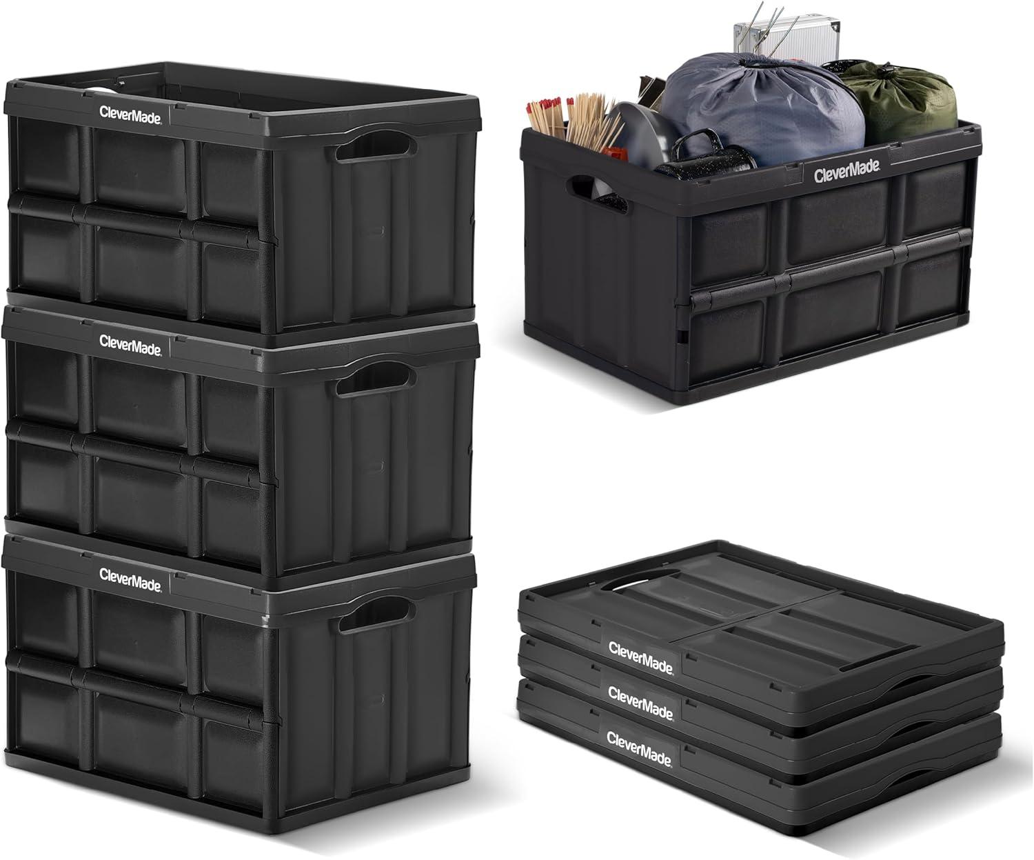 imageCleverMade Collapsible Storage Bins  Obsidian 3 Pack 32L  Stackable Containers Heavy Duty Capacity Folding Crates  SpaceSaving for HomeGlossy Black  62L  Pack of 3