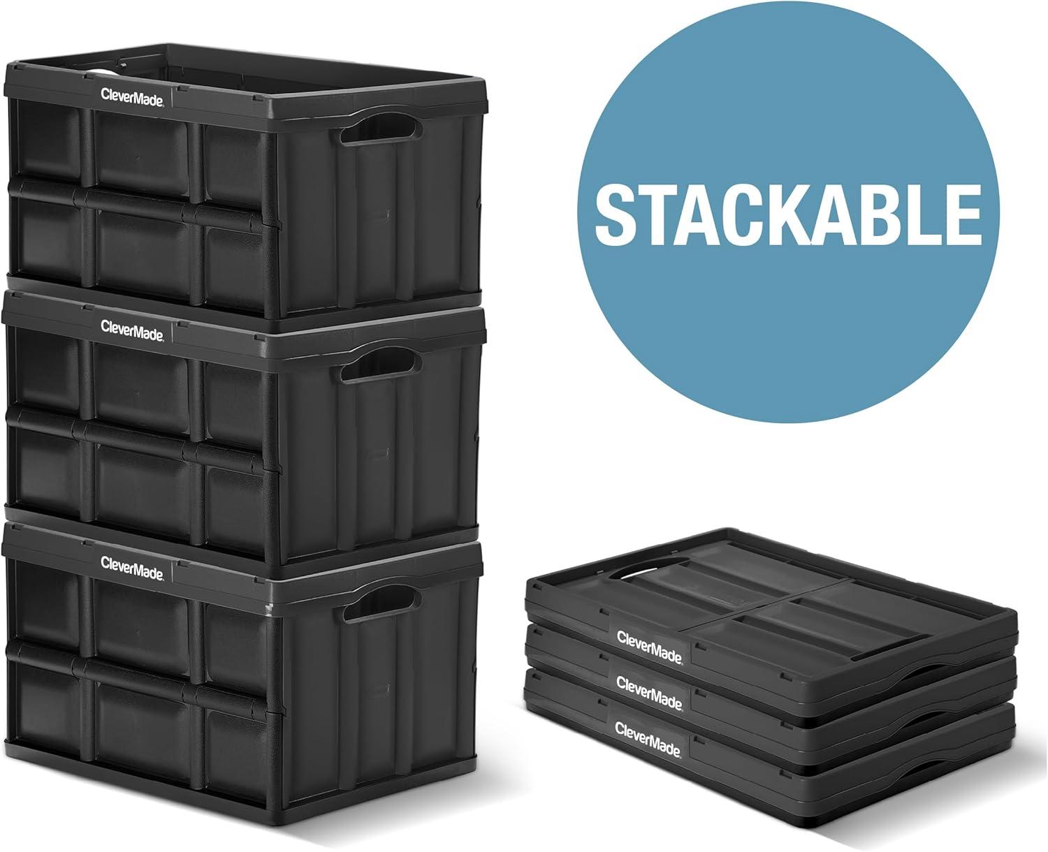 imageCleverMade Collapsible Storage Bins  Obsidian 3 Pack 32L  Stackable Containers Heavy Duty Capacity Folding Crates  SpaceSaving for HomeTan  46L  Pack of 3