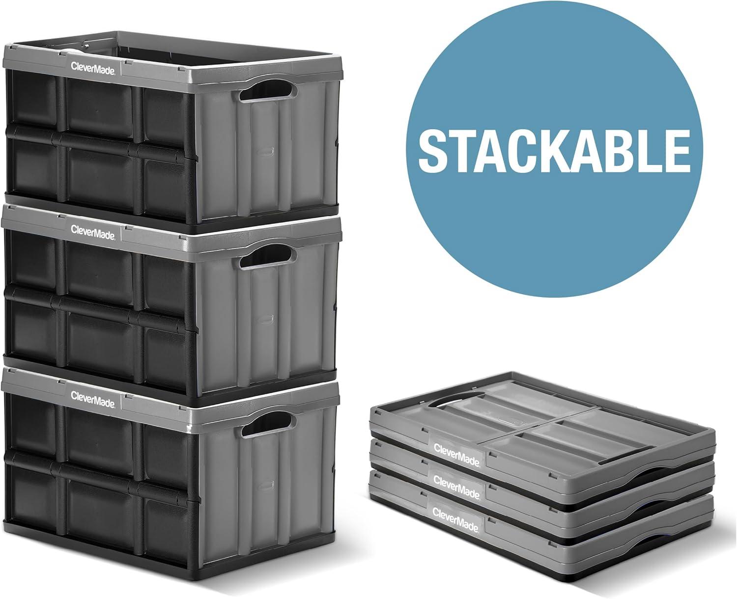 imageCleverMade Collapsible Storage Bins  Obsidian 3 Pack 32L  Stackable Containers Heavy Duty Capacity Folding Crates  SpaceSaving for HomeTan  62L  Pack of 3
