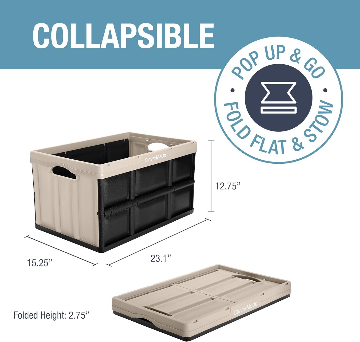 imageCleverMade Collapsible Storage Bins  Obsidian 3 Pack 32L  Stackable Containers Heavy Duty Capacity Folding Crates  SpaceSaving for HomeTan  62L  Pack of 3