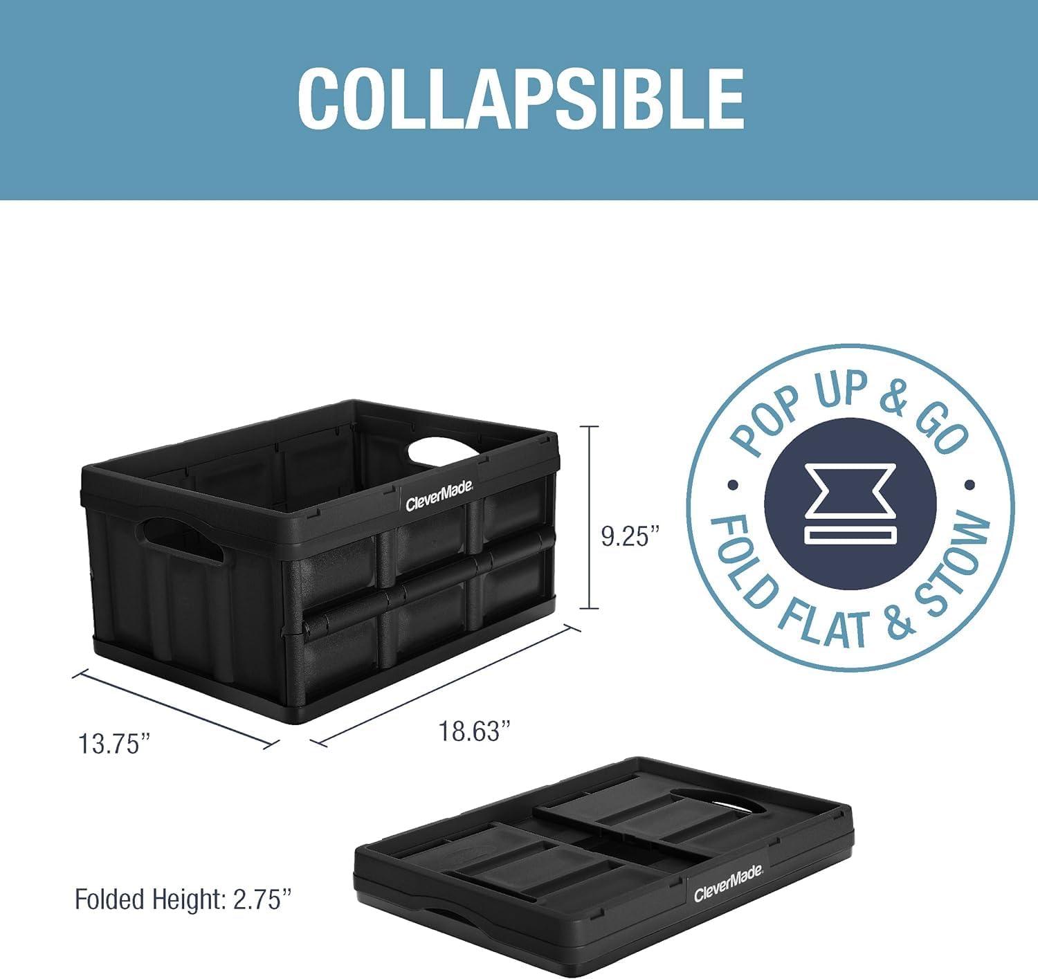 imageCleverMade Collapsible Storage Bins  Obsidian 3 Pack 62L  Stackable Containers Heavy Duty Capacity Folding Crates  SpaceSaving for HomeGlossy Black  32L  Pack of 3