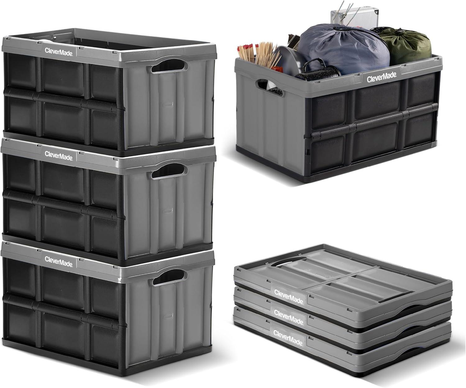 imageCleverMade Collapsible Storage Bins  Obsidian 3 Pack 62L  Stackable Containers Heavy Duty Capacity Folding Crates  SpaceSaving for HomeStone Gray 1  62L  Pack of 3