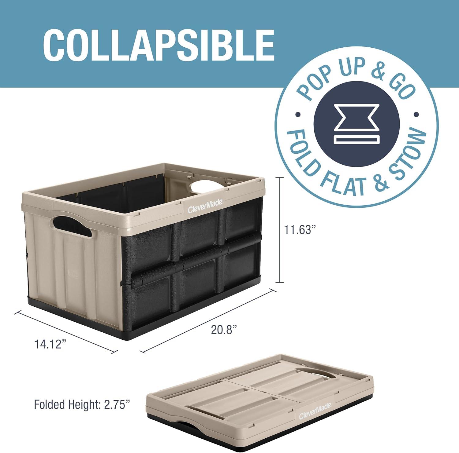 imageCleverMade Collapsible Storage Bins  Obsidian 3 Pack 62L  Stackable Containers Heavy Duty Capacity Folding Crates  SpaceSaving for HomeTan  46L  Pack of 3