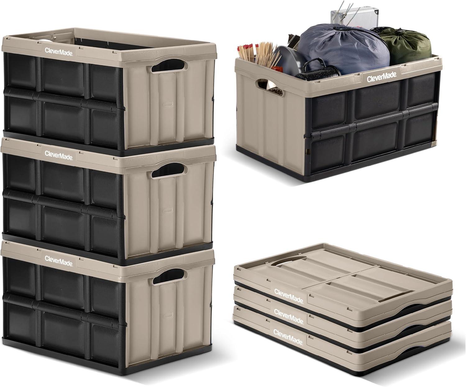 imageCleverMade Collapsible Storage Bins  Obsidian 3 Pack 62L  Stackable Containers Heavy Duty Capacity Folding Crates  SpaceSaving for HomeTan  62L  Pack of 3