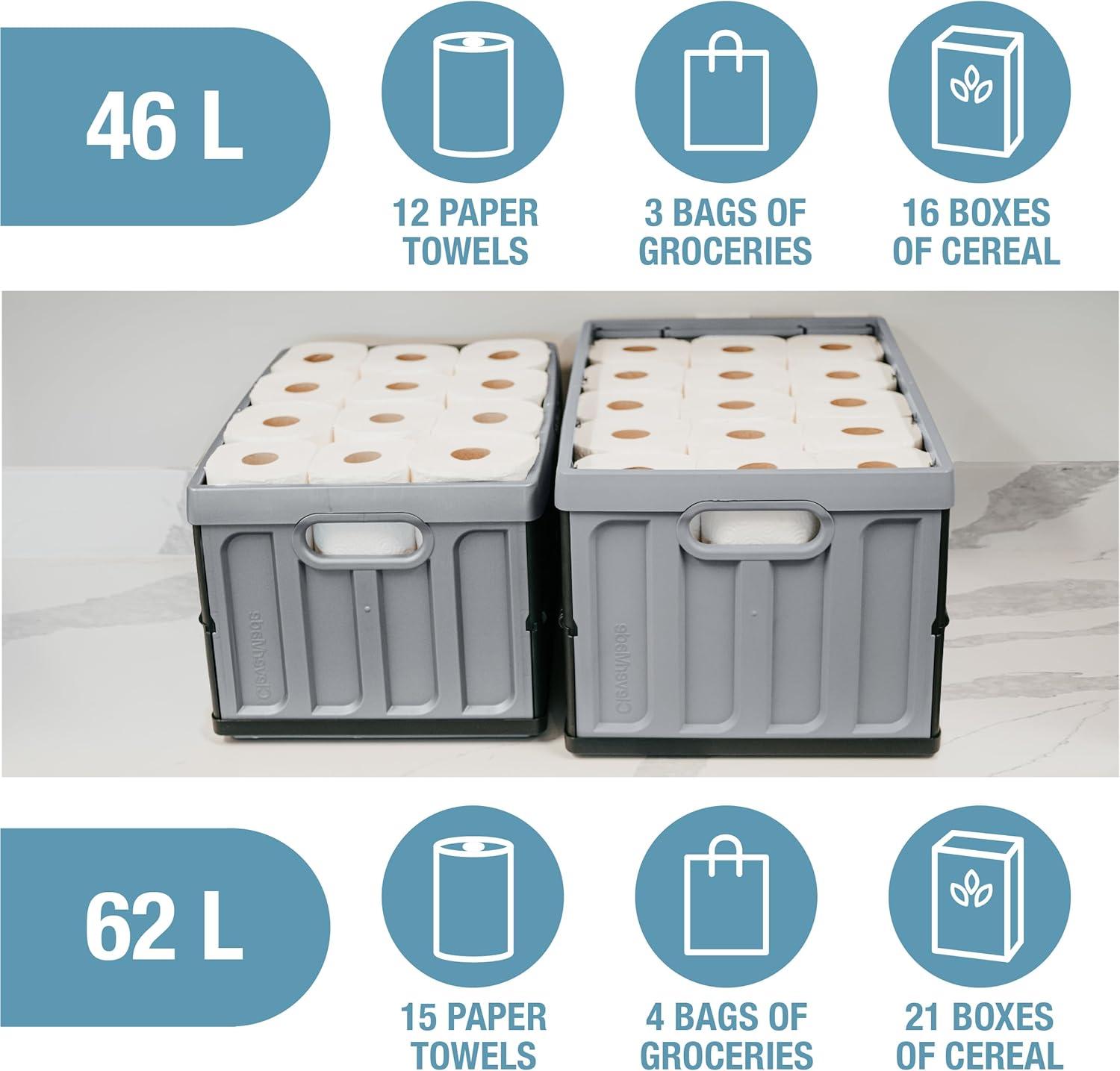 imageCleverMade Collapsible Storage Bins with Lids  Ocean 3 Pack 46L  Plastic Containers Stackable Organization Crates Home Closet SpaceSaving DurableGlossy Black  46L  Pack of 3