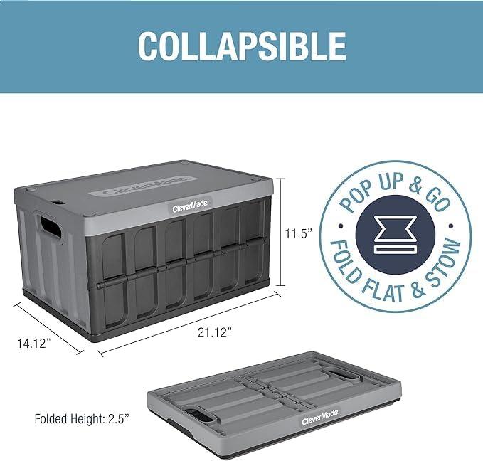 imageCleverMade Collapsible Storage Bins with Lids  Ocean 3 Pack 46L  Plastic Containers Stackable Organization Crates Home Closet SpaceSaving DurableStone Gray  46L  Pack of 3