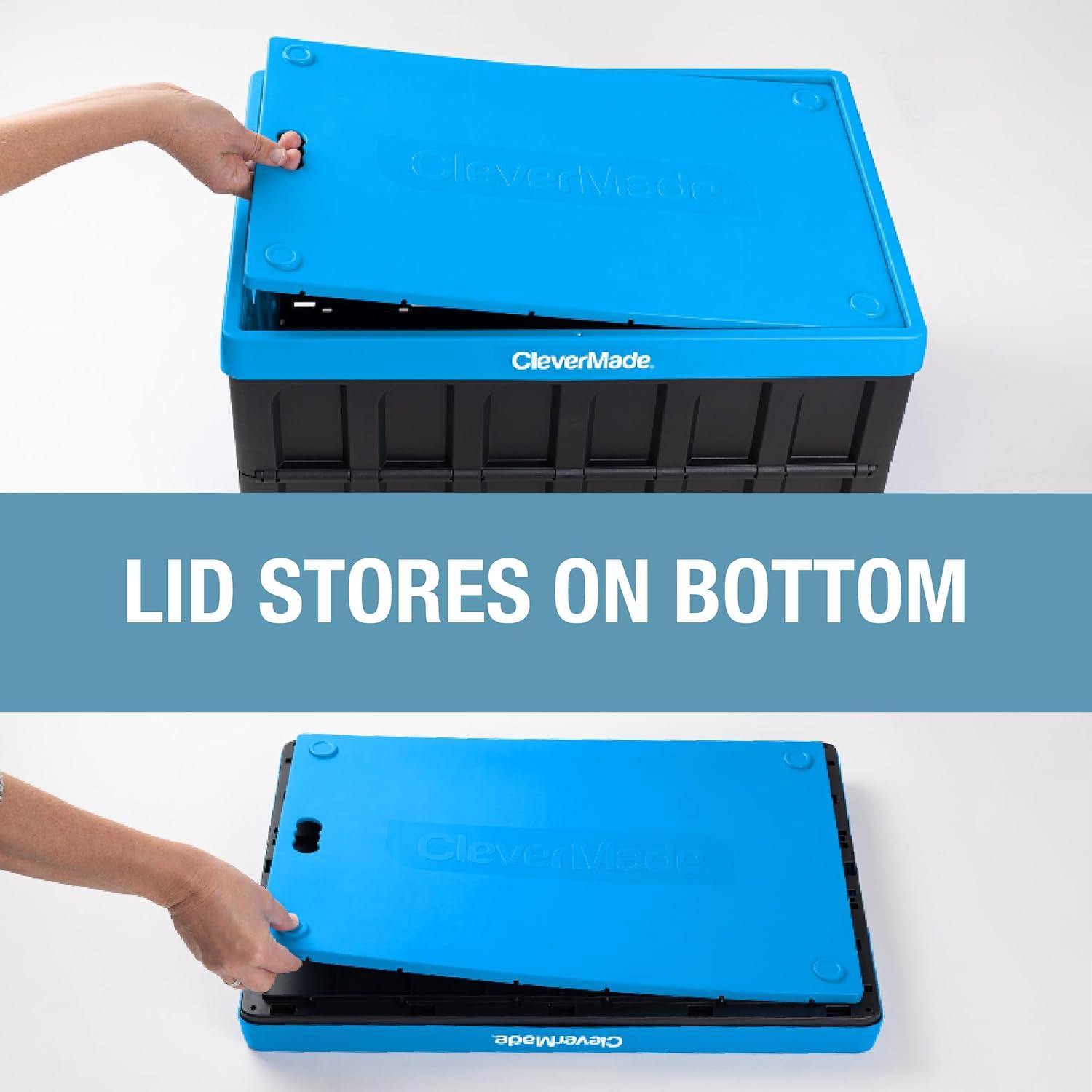 imageCleverMade Collapsible Storage Bins with Lids Neptune Blue 3Pack 62L Plastic Container Stackable Organization Crates Home Closet SpaceSaving Durable