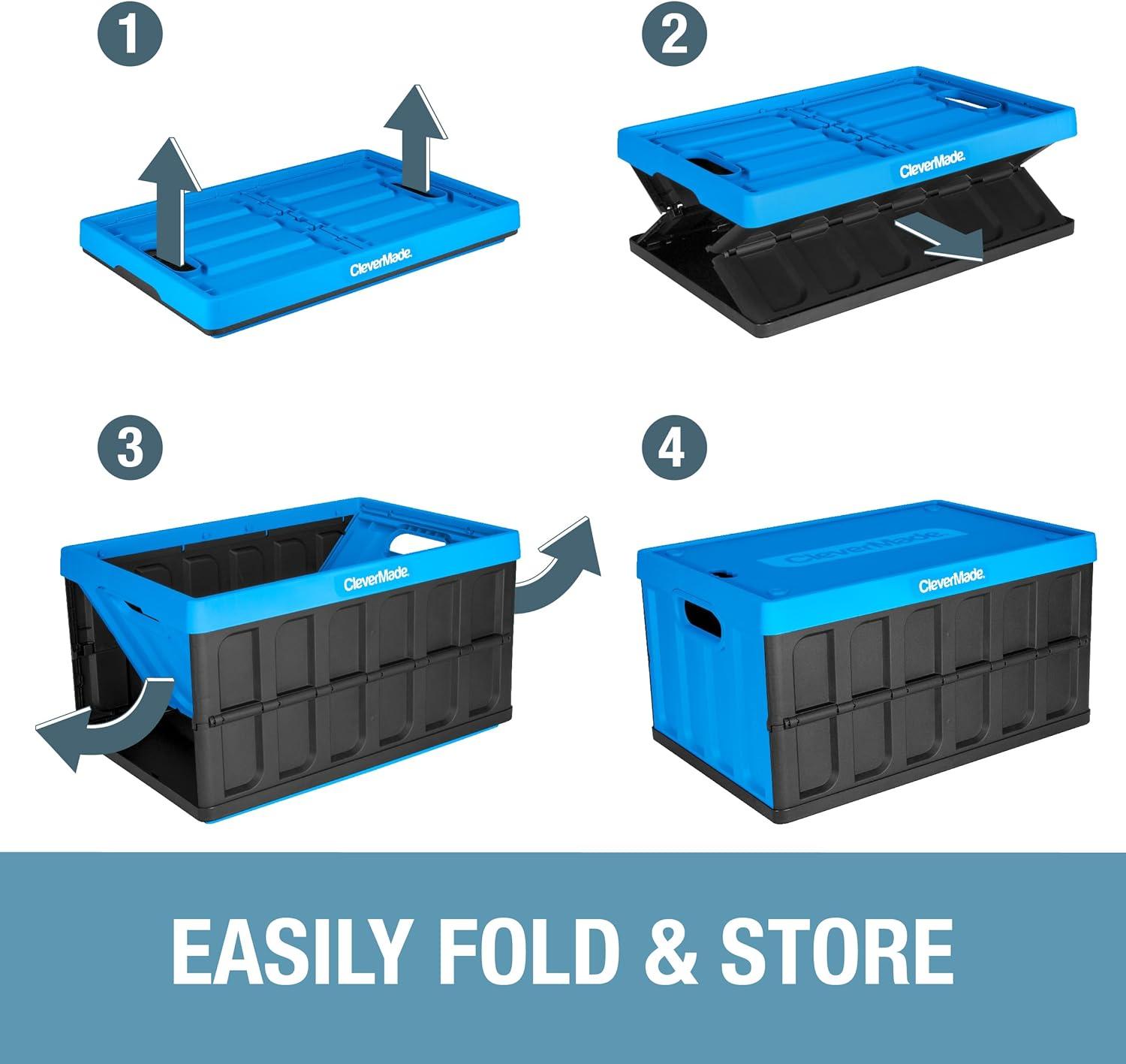 imageCleverMade Collapsible Storage Bins with Lids Neptune Blue 3Pack 62L Plastic Container Stackable Organization Crates Home Closet SpaceSaving Durable