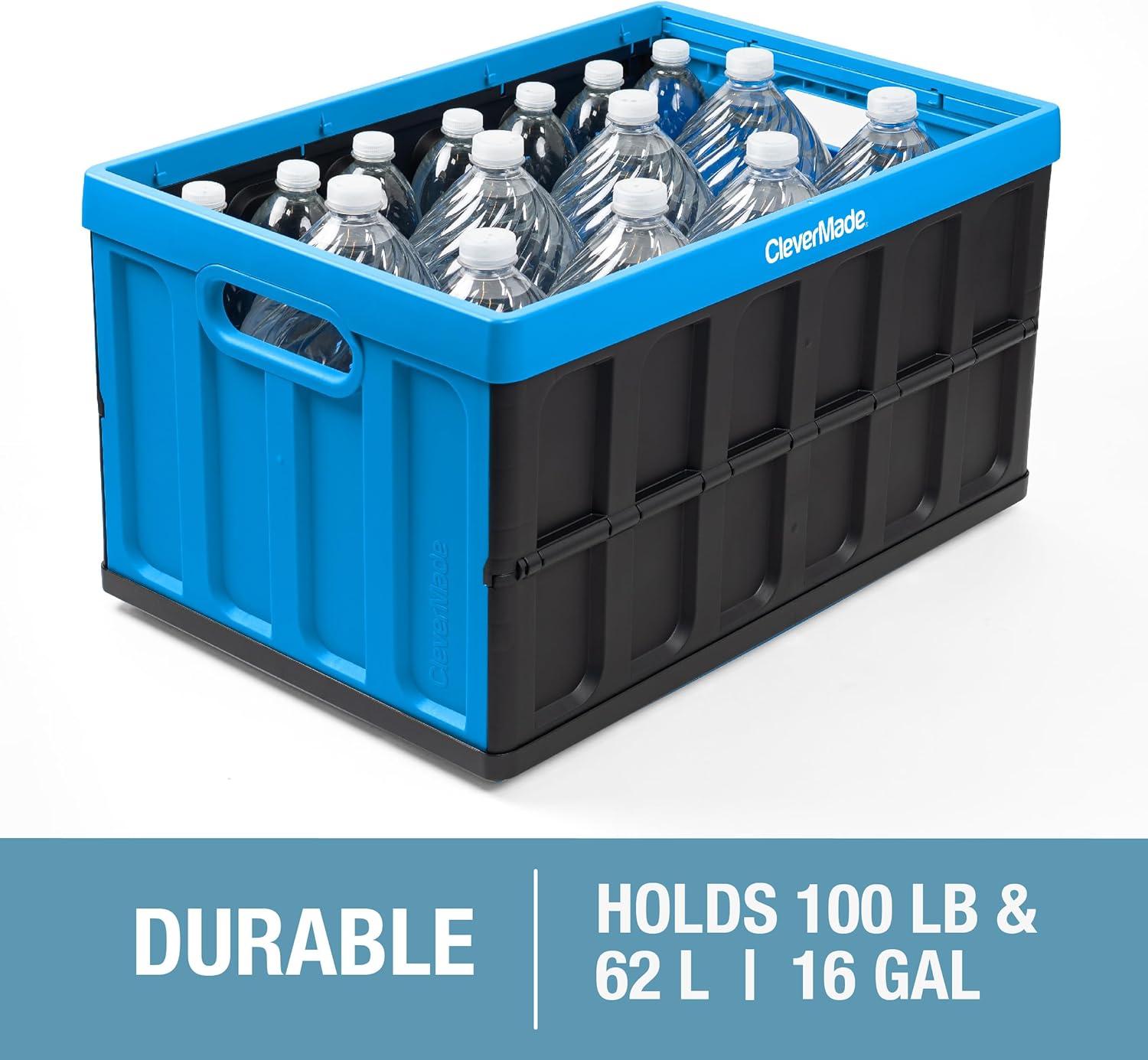 imageCleverMade Collapsible Storage Bins with Lids Neptune Blue 3Pack 62L Plastic Container Stackable Organization Crates Home Closet SpaceSaving Durable