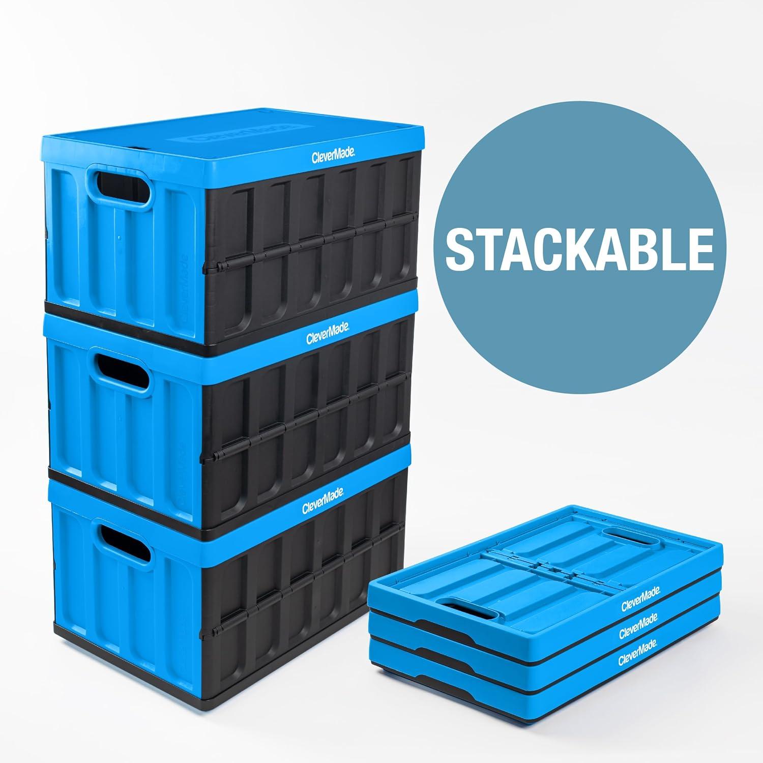 imageCleverMade Collapsible Storage Bins with Lids Neptune Blue 3Pack 62L Plastic Container Stackable Organization Crates Home Closet SpaceSaving Durable