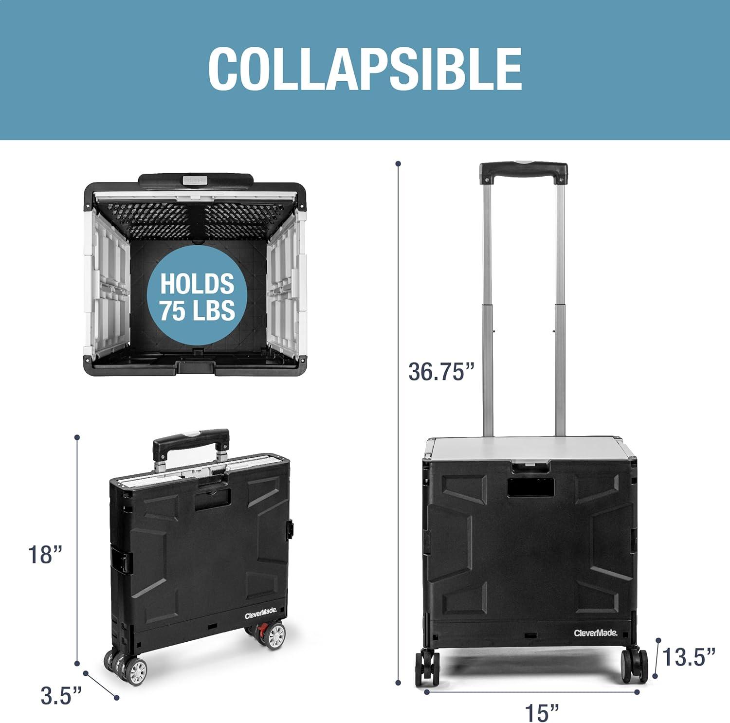 imageCleverMade Collapsible Wheeled Crate with Lid 2Wheels  Stable Rolling Crate with Handle and Large Wheels for Fragile Items Heavy Loads and Easy Storage  35L and 75lb Capacity BlackCreamBlackGray 35l  4 Wheels  Pack of 1