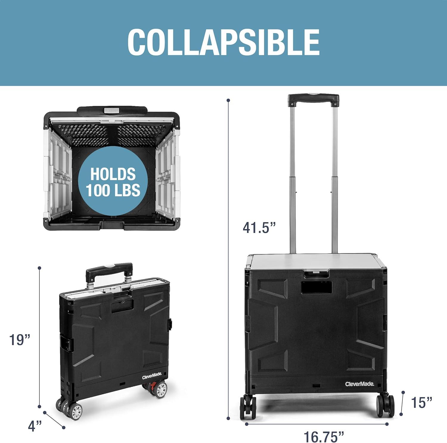 imageCleverMade Collapsible Wheeled Crate with Lid 2Wheels  Stable Rolling Crate with Handle and Large Wheels for Fragile Items Heavy Loads and Easy Storage  35L and 75lb Capacity BlackCreamBlackGray 55l  4 Wheels  Pack of 1