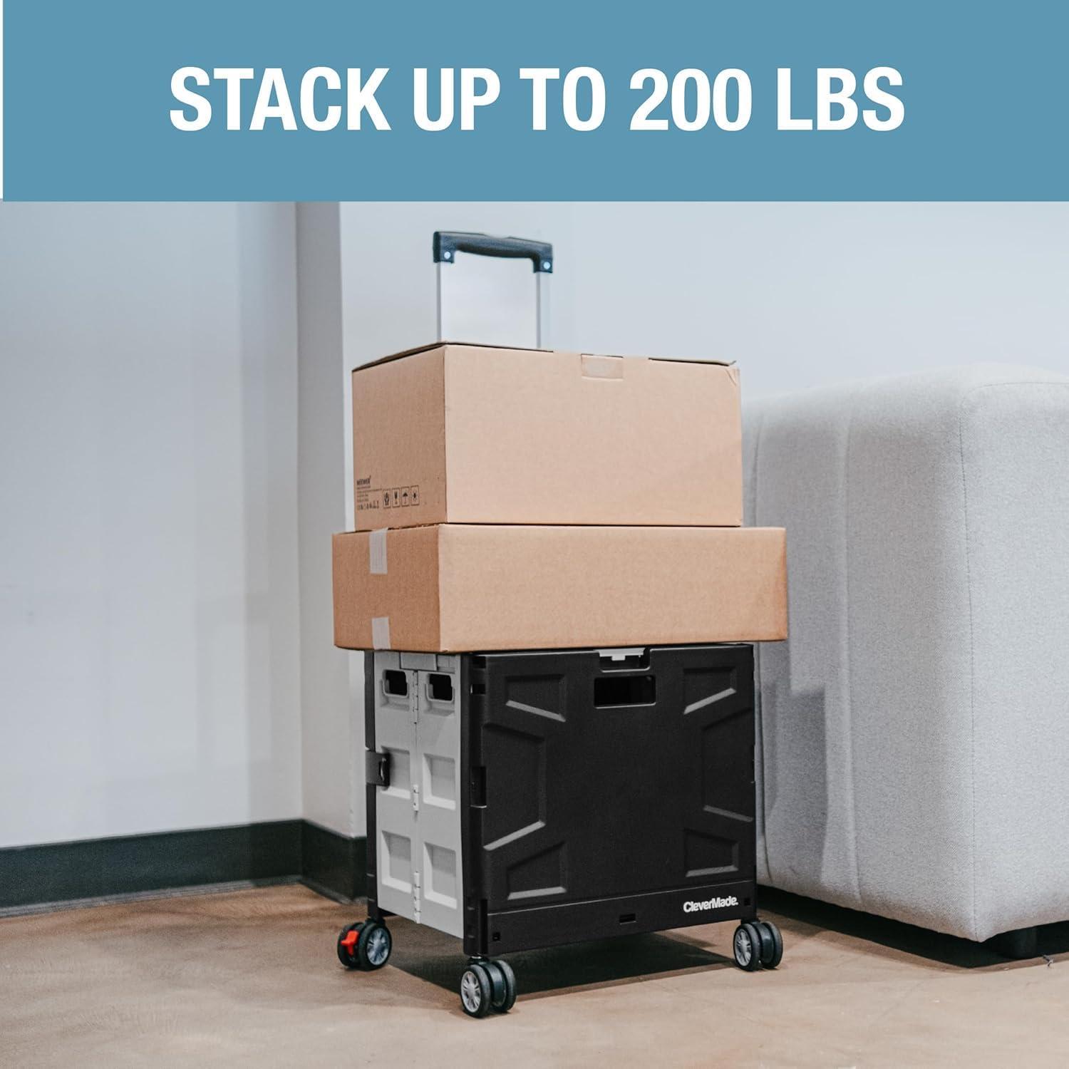 imageCleverMade Collapsible Wheeled Crate with Lid 2Wheels  Stable Rolling Crate with Handle and Large Wheels for Fragile Items Heavy Loads and Easy Storage  35L and 75lb Capacity BlackCreamBlackGray 55l  4 Wheels  Pack of 1