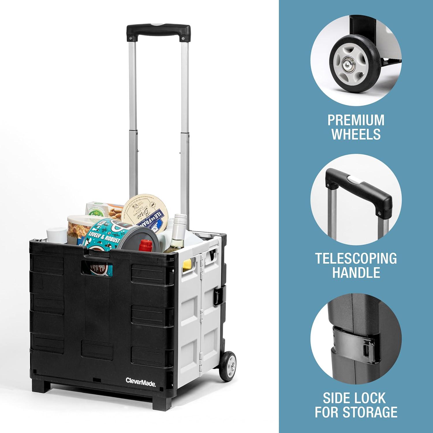 imageCleverMade Collapsible Wheeled Crate with Lid 2Wheels  Stable Rolling Crate with Handle and Large Wheels for Fragile Items Heavy Loads and Easy Storage  35L and 75lb Capacity BlackCreamBlackGray 35l  2 Wheels  Pack of 1